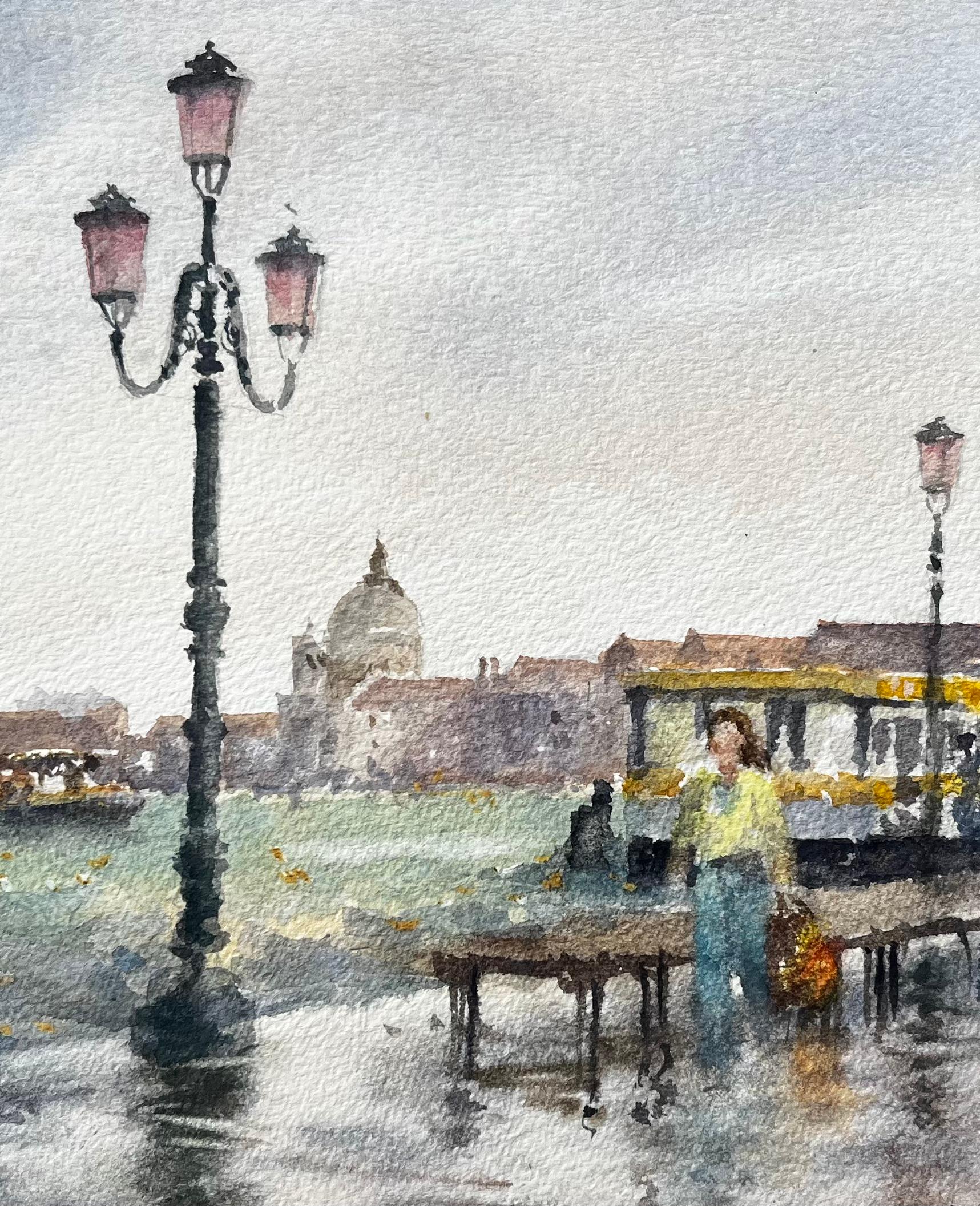 Venedig Waterfront Szene mit Laternenpfählen und Vaporetto Original Aquarell im Angebot 2