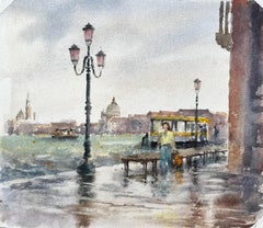 Venecia Escena Costera Con Farolas Y Vaporetto Acuarela Original