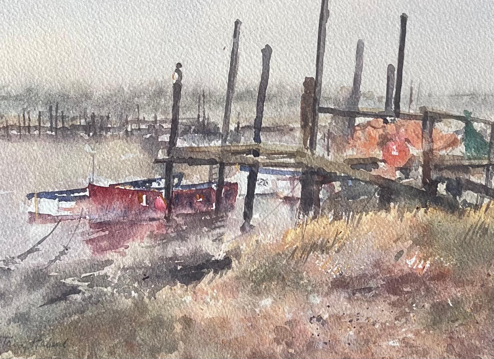 Vertical Posts and Small Boats Moored Along the River Blyth Southwold - Painting by Anthony Herbert