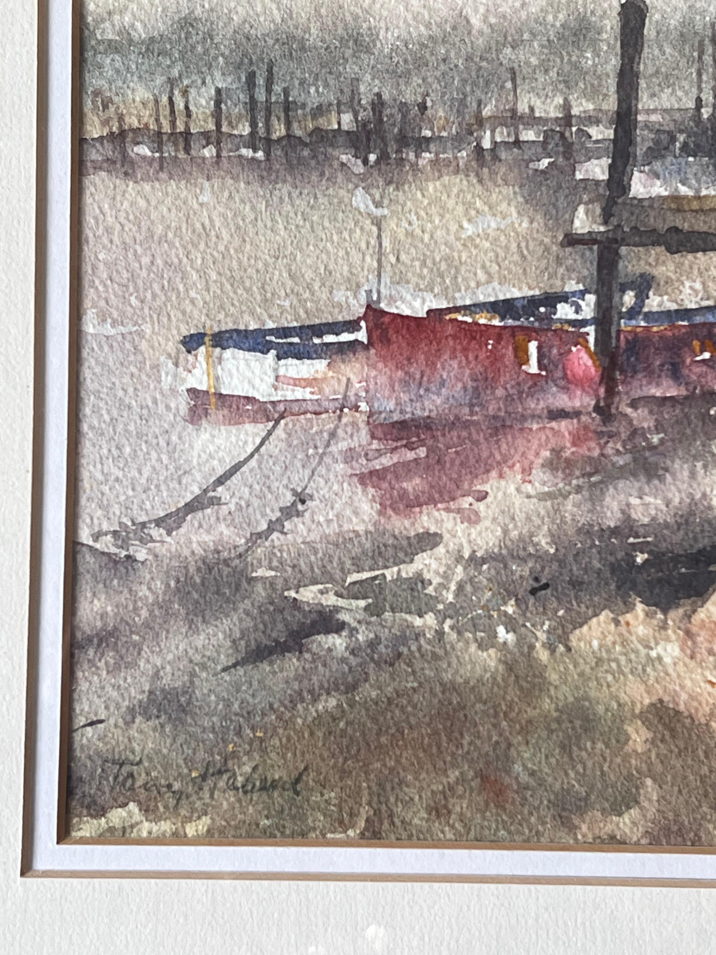 Vertical Posts and Small Boats Moored Along the River Blyth Southwold - Impressionist Painting by Anthony Herbert