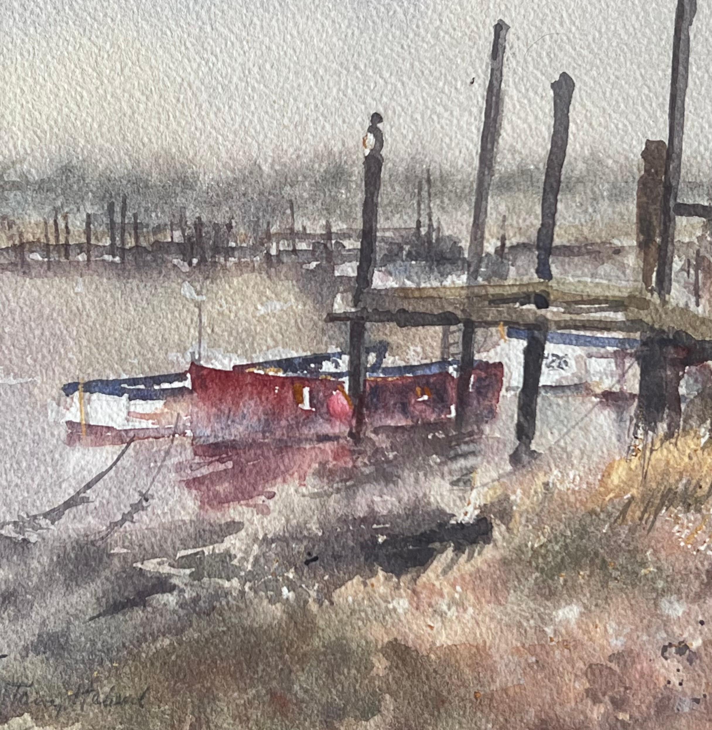 Vertical Posts and Small Boats Moored Along the River Blyth Southwold - Gray Landscape Painting by Anthony Herbert