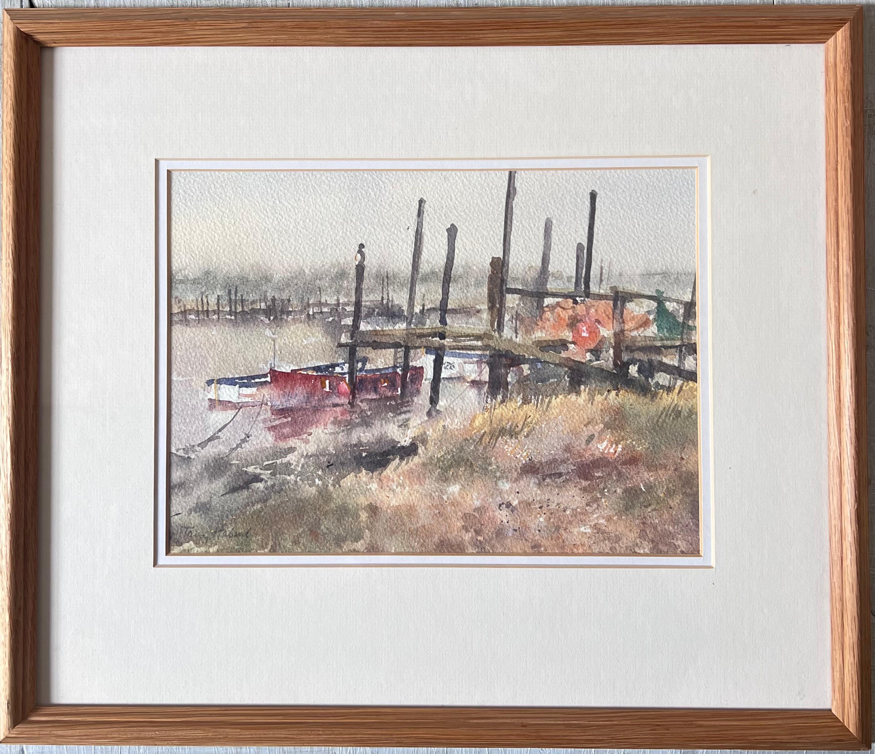 Anthony Herbert Landscape Painting - Vertical Posts and Small Boats Moored Along the River Blyth Southwold