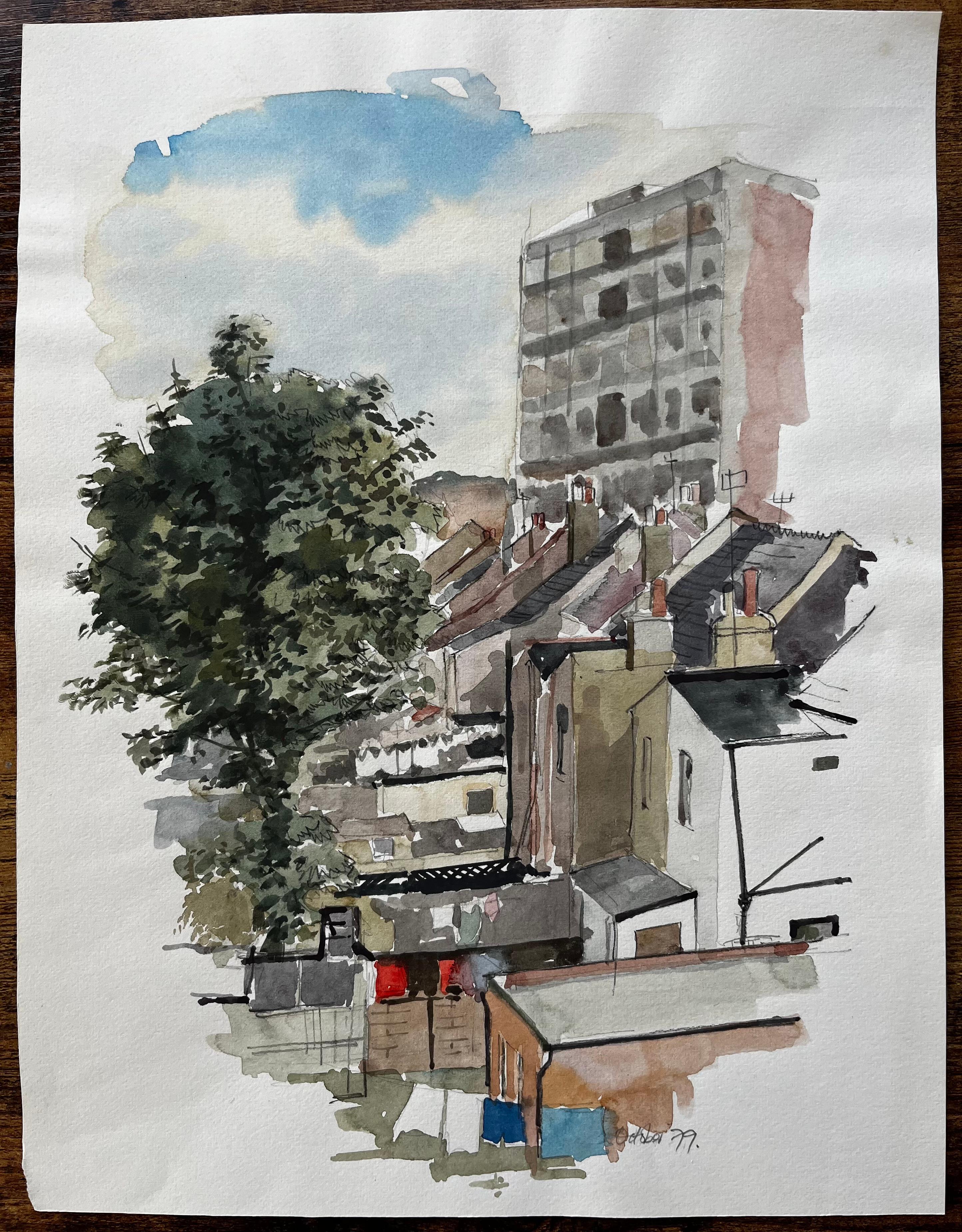 View Of Rooftops And Tower Block With Tree London 1979 Watercolour - Art by Anthony Herbert