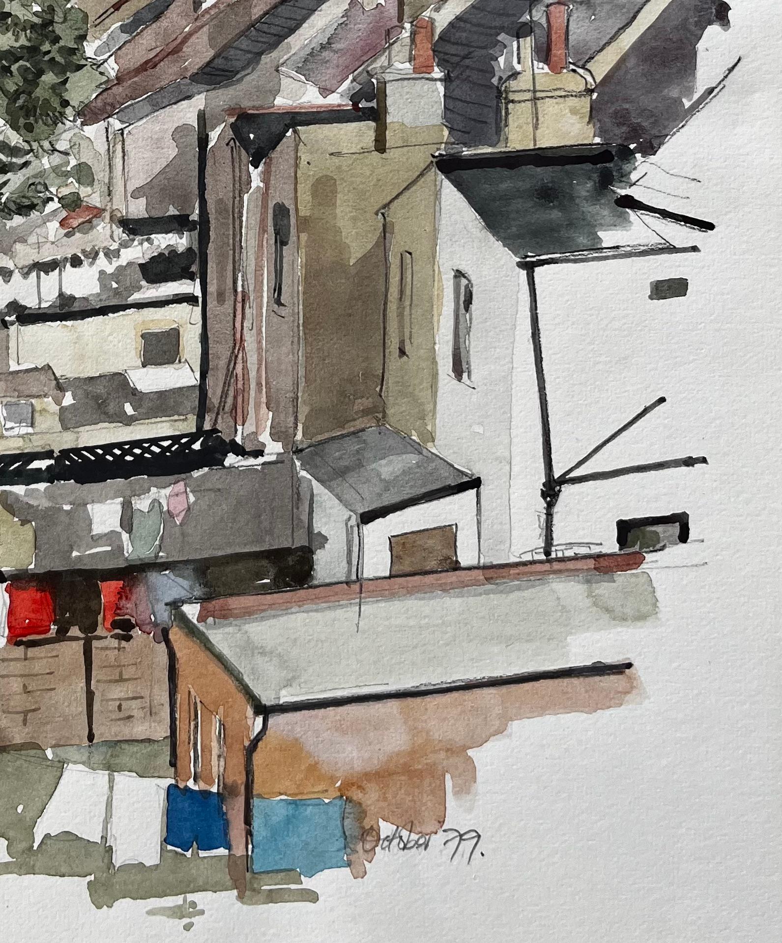 View Of Rooftops And Tower Block With Tree London 1979 Watercolour - Impressionist Art by Anthony Herbert