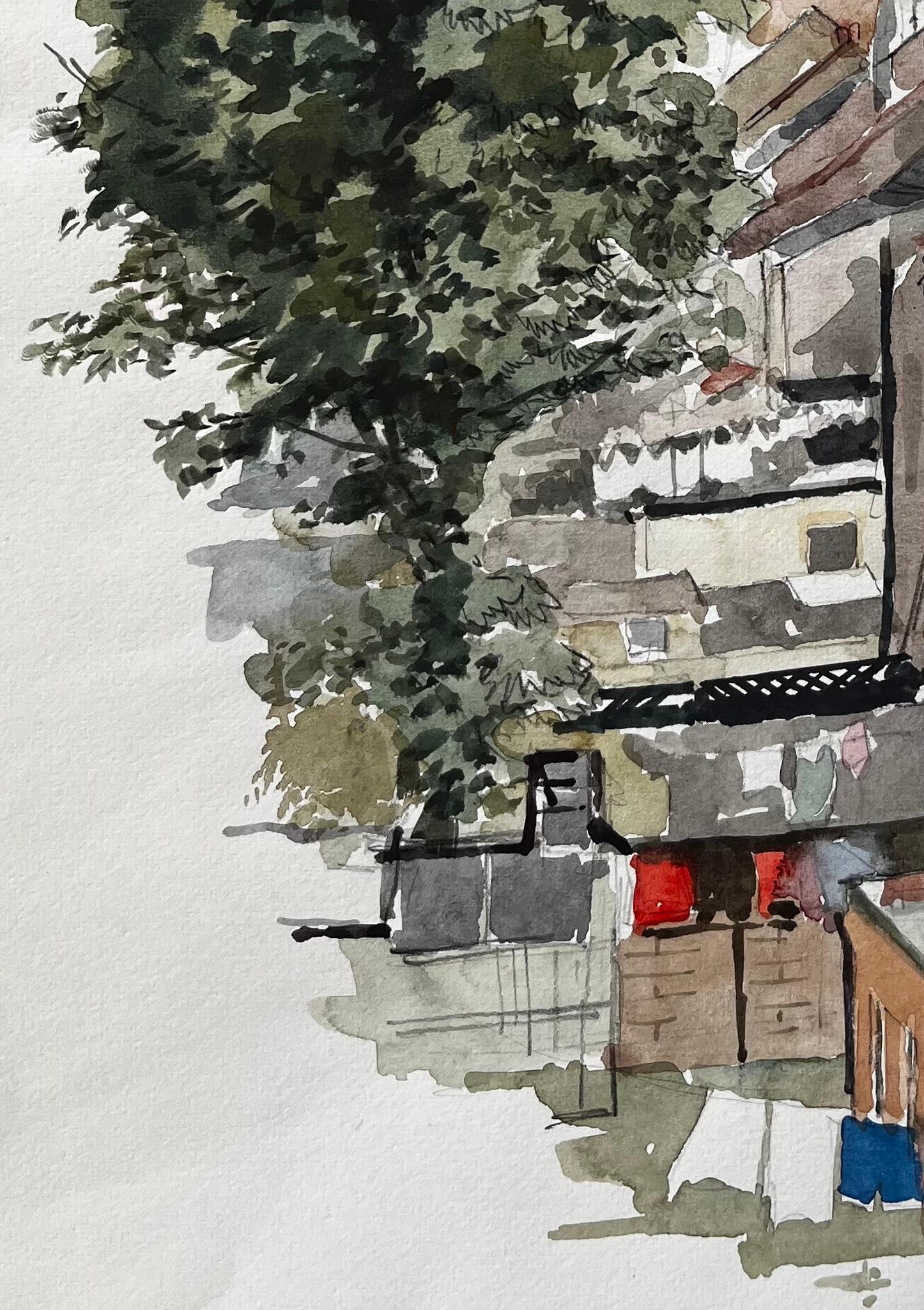 View Of Rooftops And Tower Block With Tree London 1979 Watercolour - Gray Landscape Art by Anthony Herbert