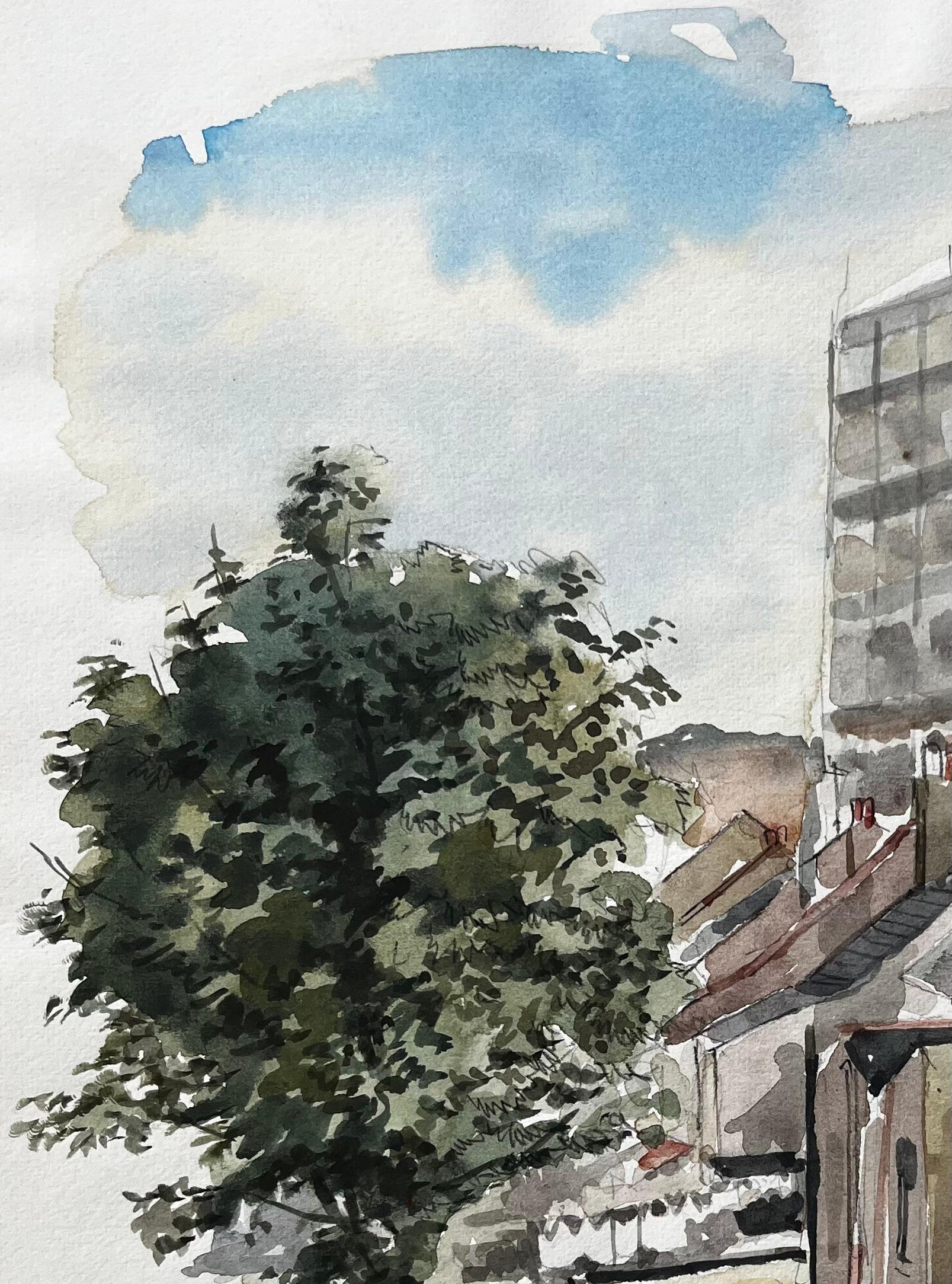 Title: View Of Rooftops And Tower Block With Tree London 1979 Watercolour
By Tony Herbert (1927-2024)
Medium: Watercolor on paper, unframed
Size: 13.25 inches (height) x 10.25 inches (width)
Condition: good, will some signs on wear consistent with