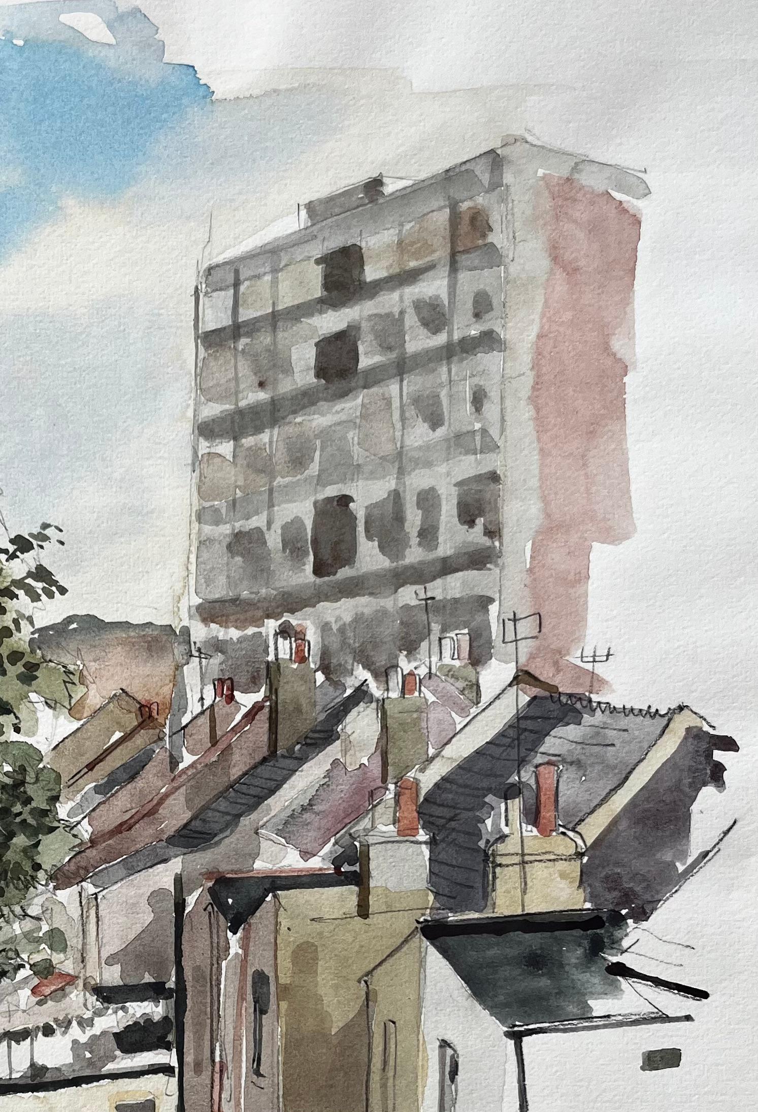 View Of Rooftops And Tower Block With Tree London 1979 Watercolour For Sale 1