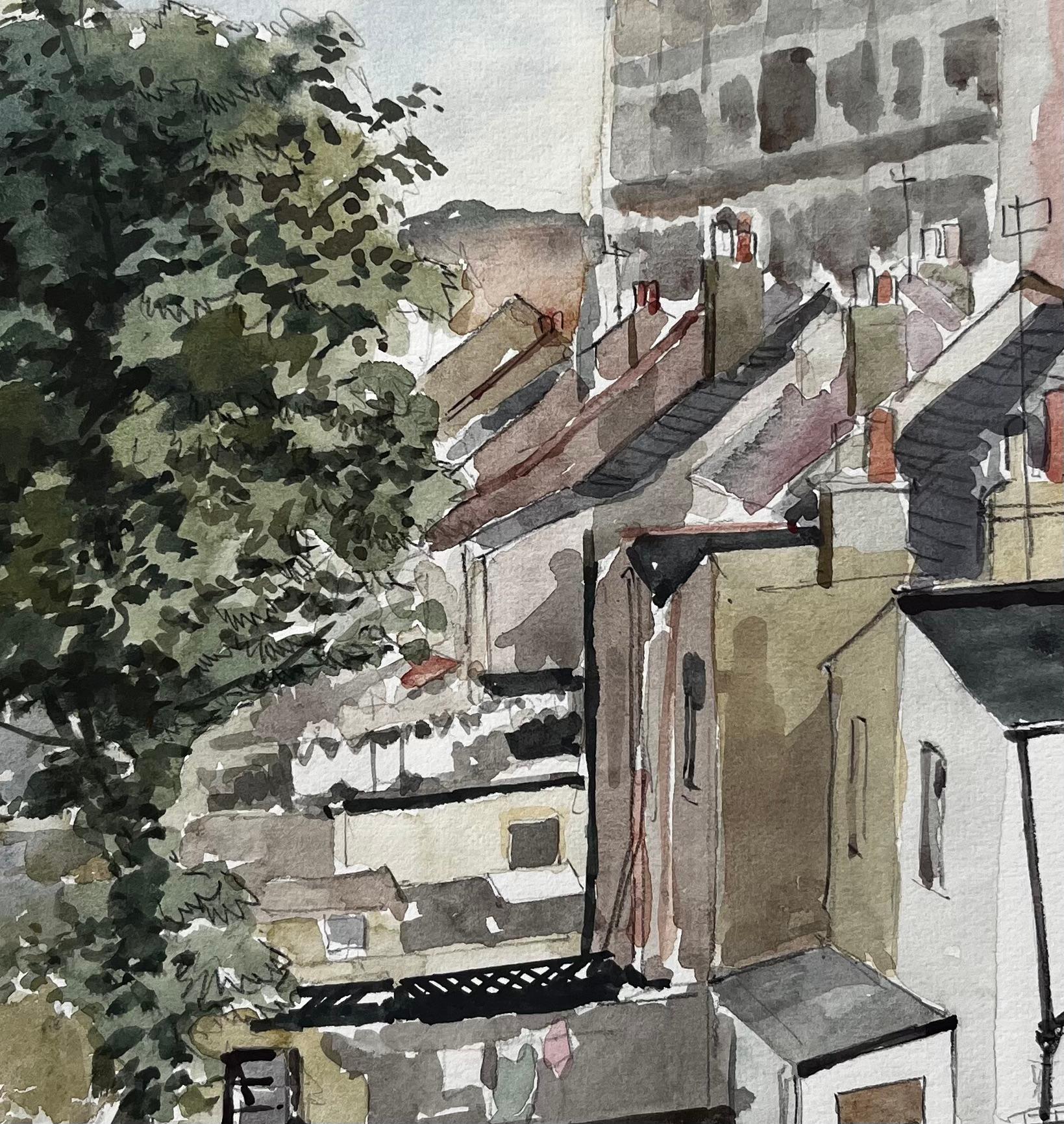 View Of Rooftops And Tower Block With Tree London 1979 Watercolour For Sale 2