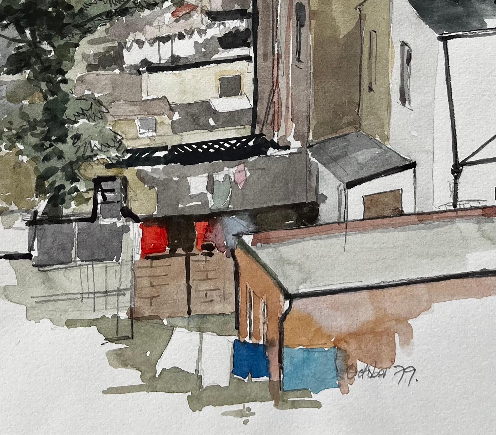 View Of Rooftops And Tower Block With Tree London 1979 Watercolour For Sale 3
