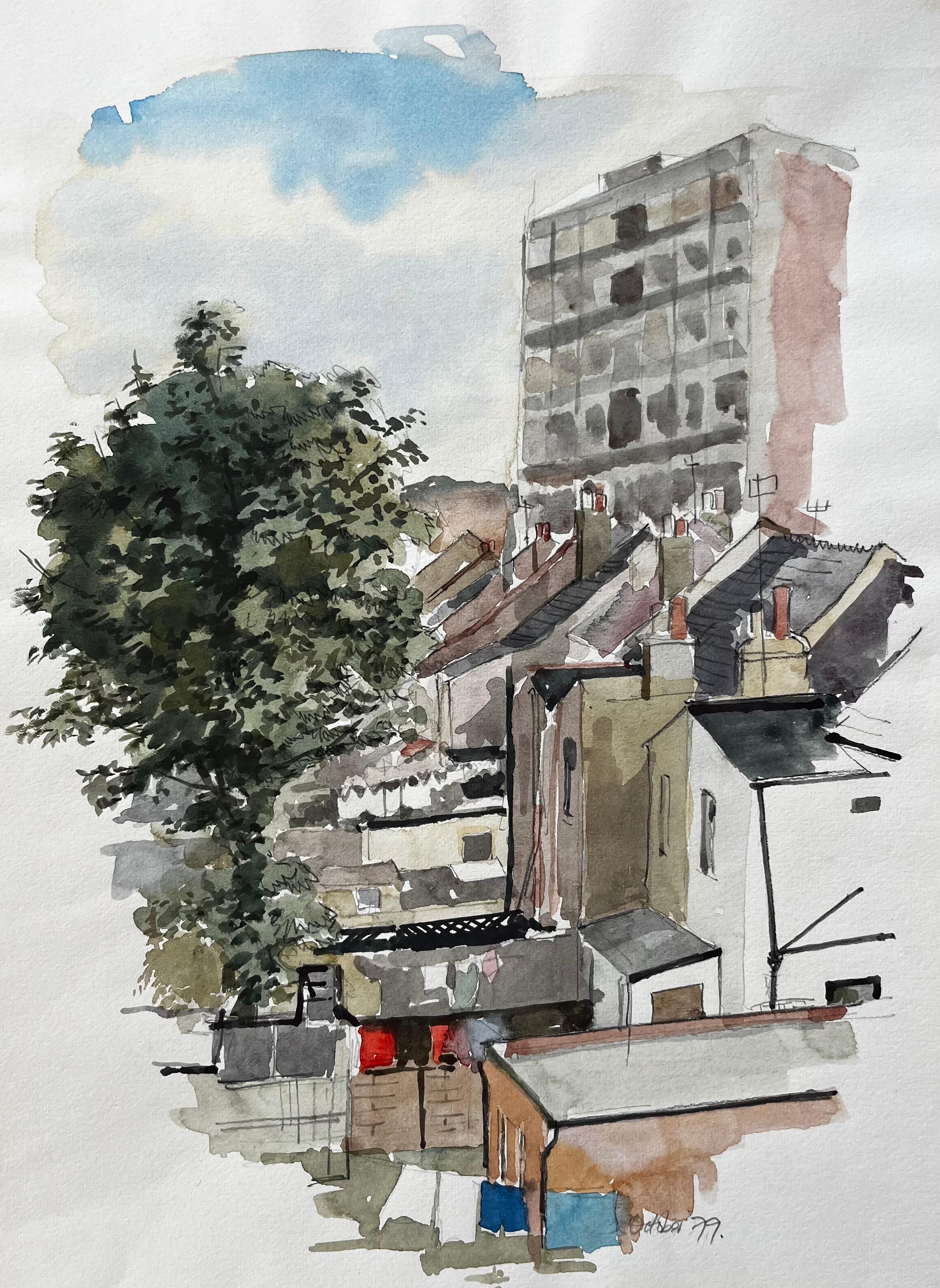 Anthony Herbert Landscape Art - View Of Rooftops And Tower Block With Tree London 1979 Watercolour