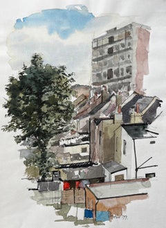 View Of Rooftops And Tower Block With Tree London 1979 Watercolour