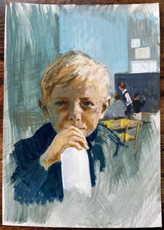 Vintage Gouache Painting Of Boy With Milk Bottle In Mid-Century School Setting