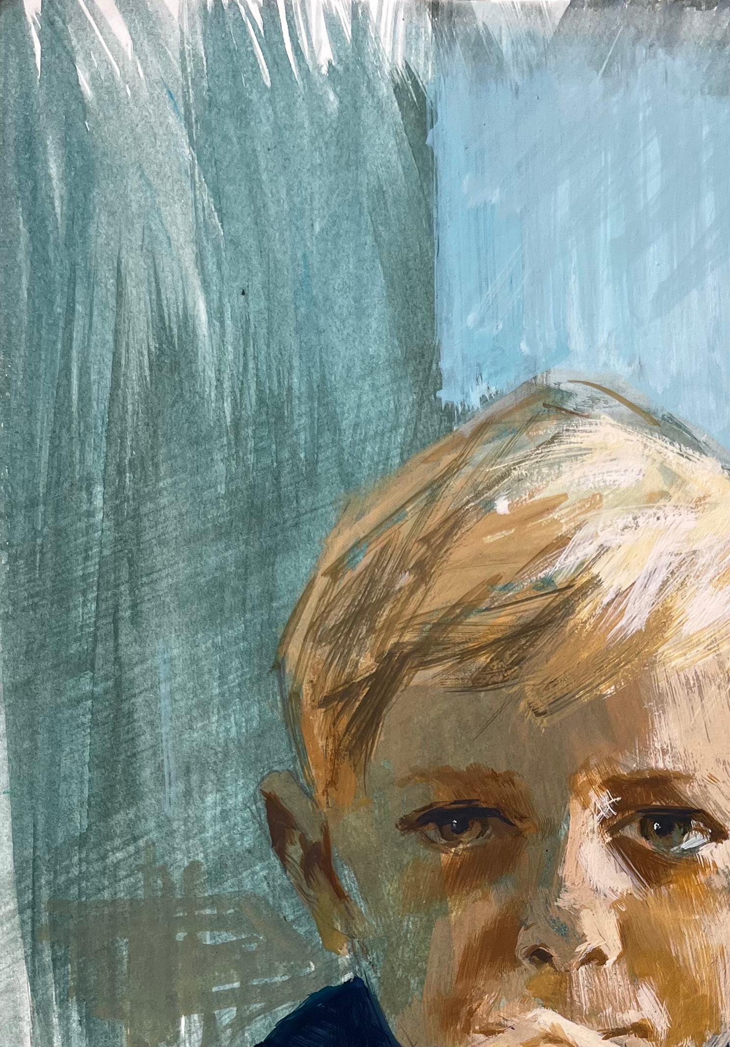 Pintura gouache vintage de niño con botella de leche en un entorno escolar de mediados de siglo - Figurative Painting Gris de Anthony Herbert