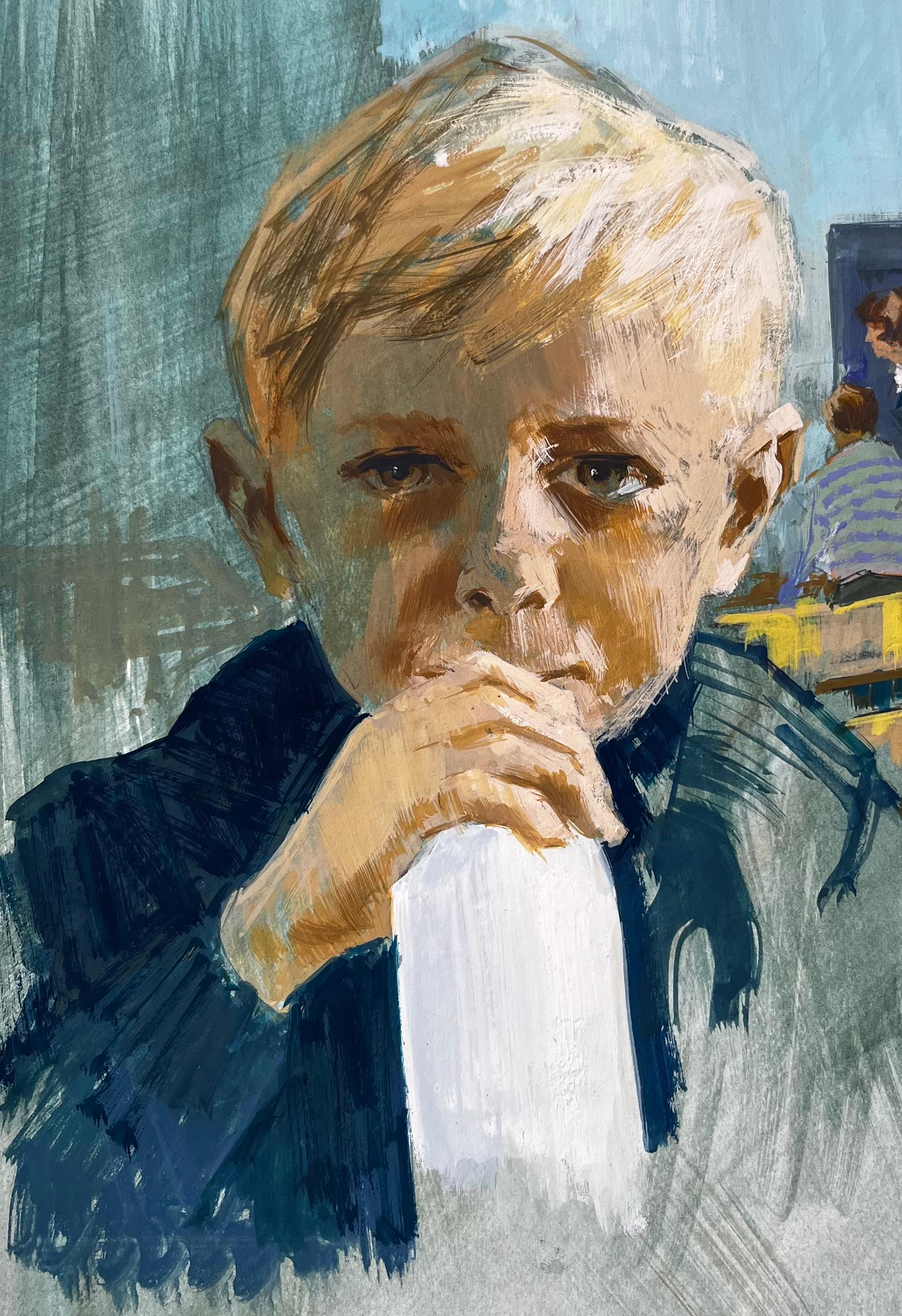 Pintura gouache vintage de niño con botella de leche en un entorno escolar de mediados de siglo en venta 2