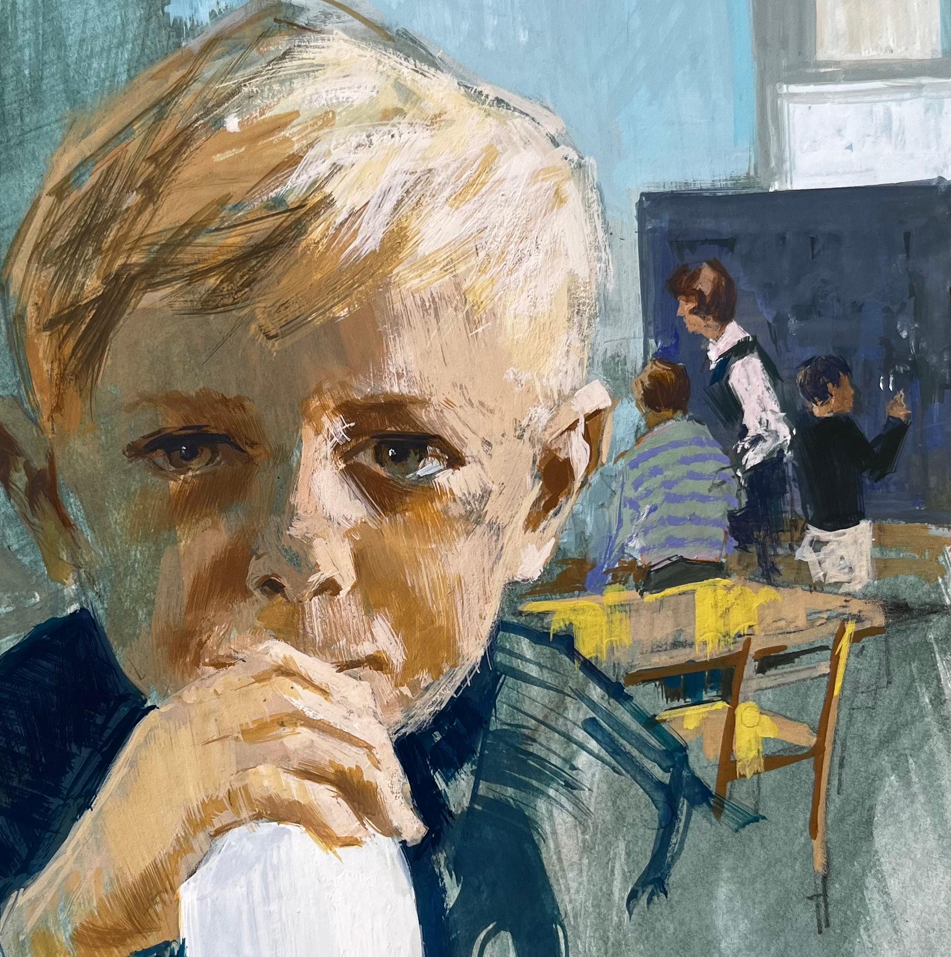 Pintura gouache vintage de niño con botella de leche en un entorno escolar de mediados de siglo en venta 3