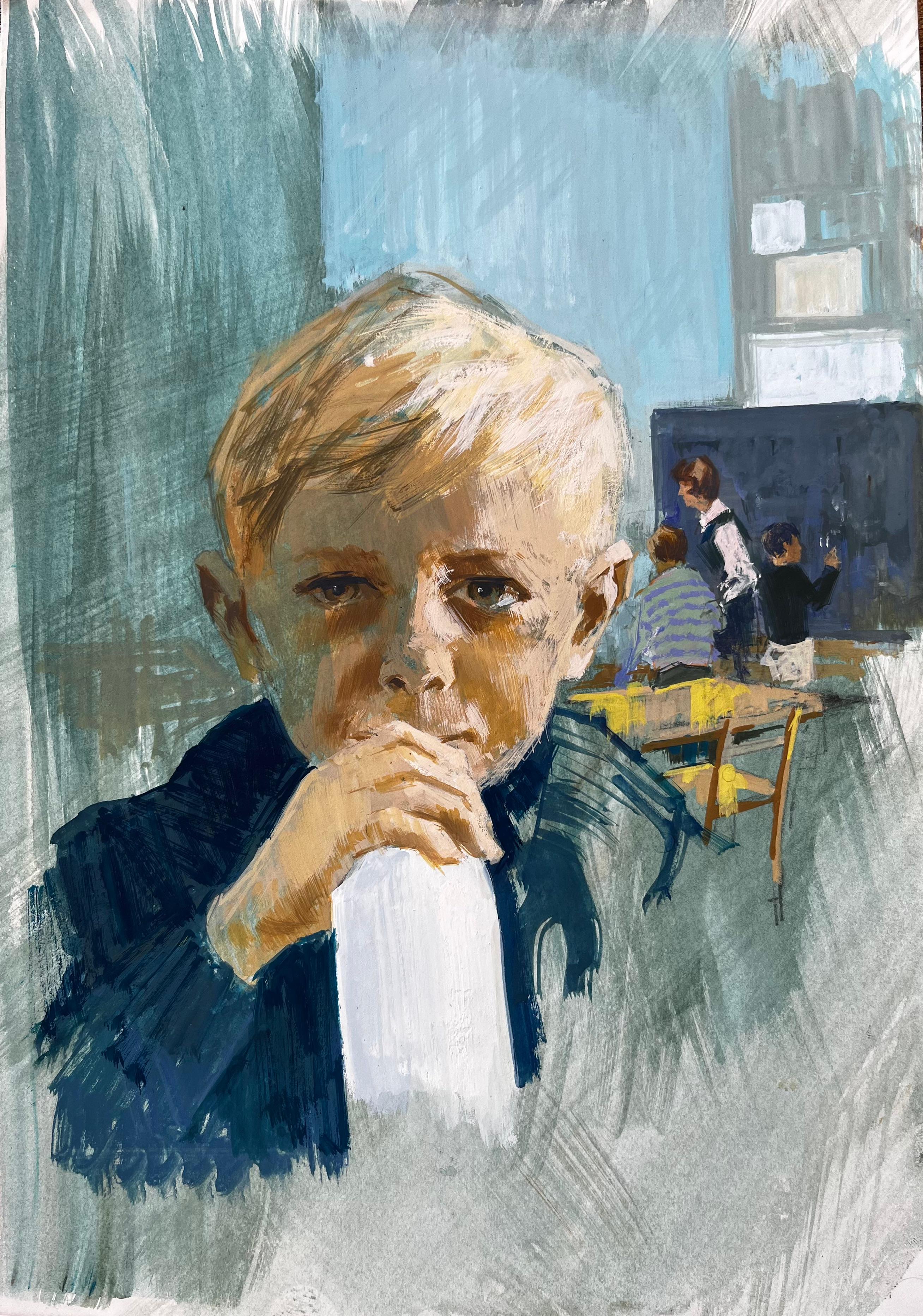 Figurative Painting de Anthony Herbert - Pintura gouache vintage de niño con botella de leche en un entorno escolar de mediados de siglo