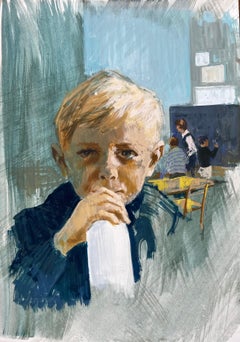Pintura gouache vintage de niño con botella de leche en un entorno escolar de mediados de siglo