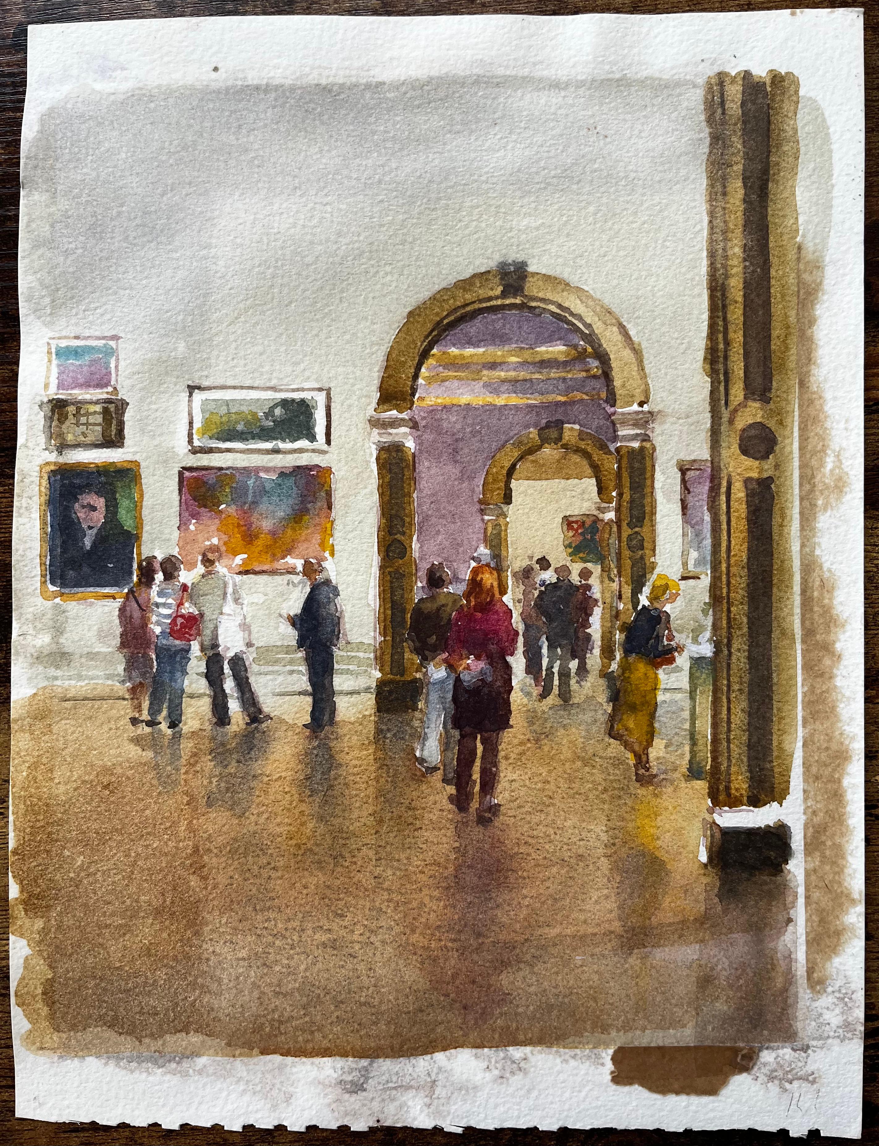 Besucher einer großen Galerie mit gerahmten Gemälden und verzierten Innenräumen – Art von Anthony Herbert