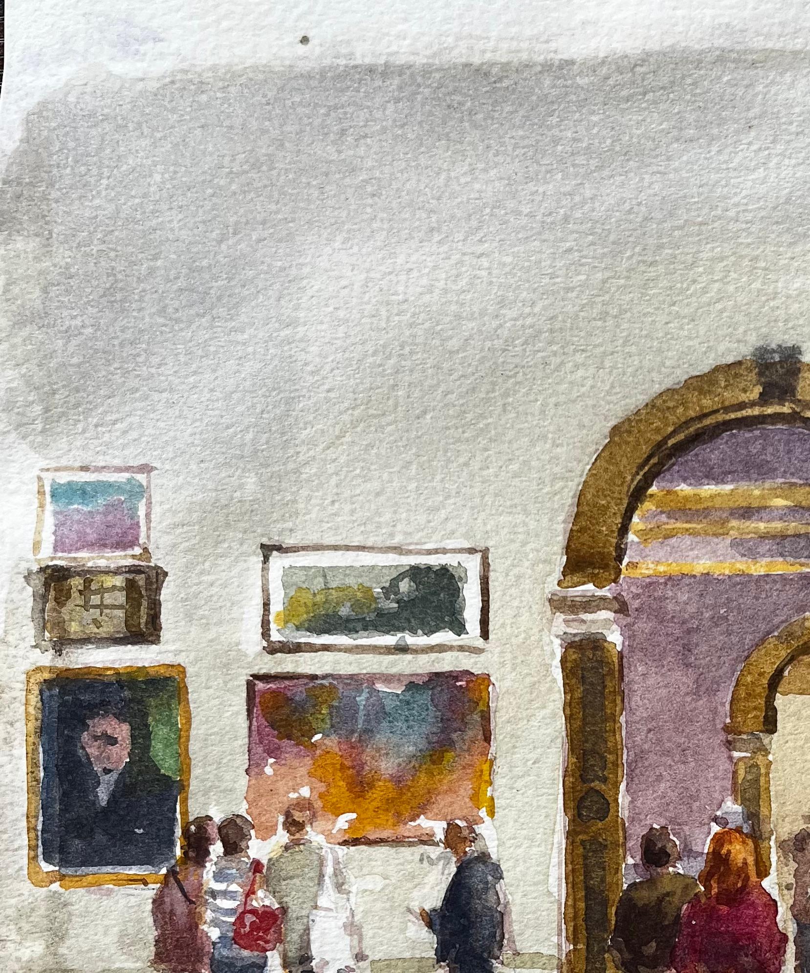 Titel: Besucher in einem großen Galerietorbogen mit gerahmten Gemälden und verschnörkeltem Interieur
Von Tony Herbert (1927-2024)
Medium: Aquarell auf Papier, ungerahmt
Größe: 11,75 Zoll (Höhe) x 9 Zoll (Breite)
Zustand: gut, einige altersbedingte
