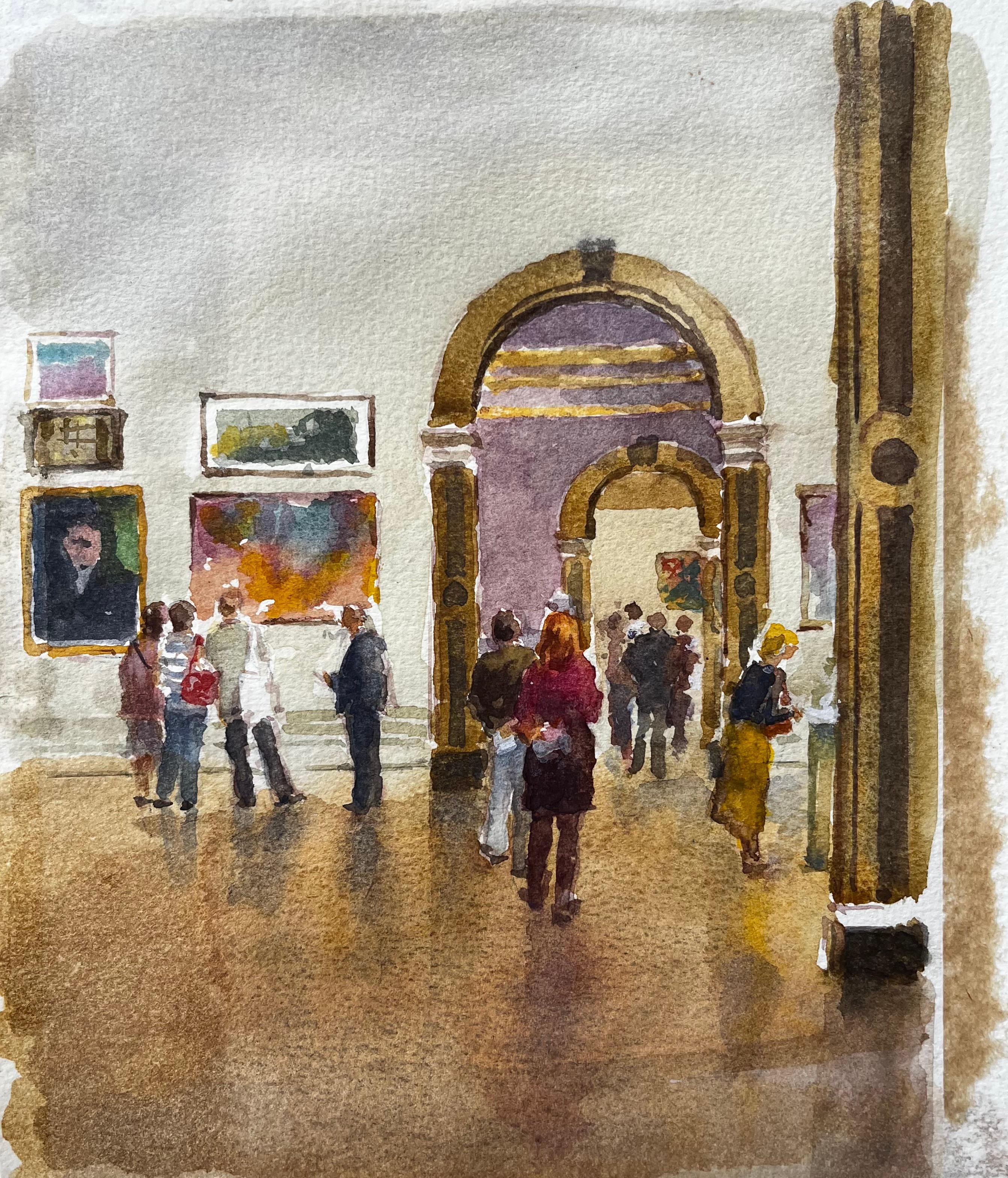 Anthony Herbert Landscape Art – Besucher einer großen Galerie mit gerahmten Gemälden und verzierten Innenräumen