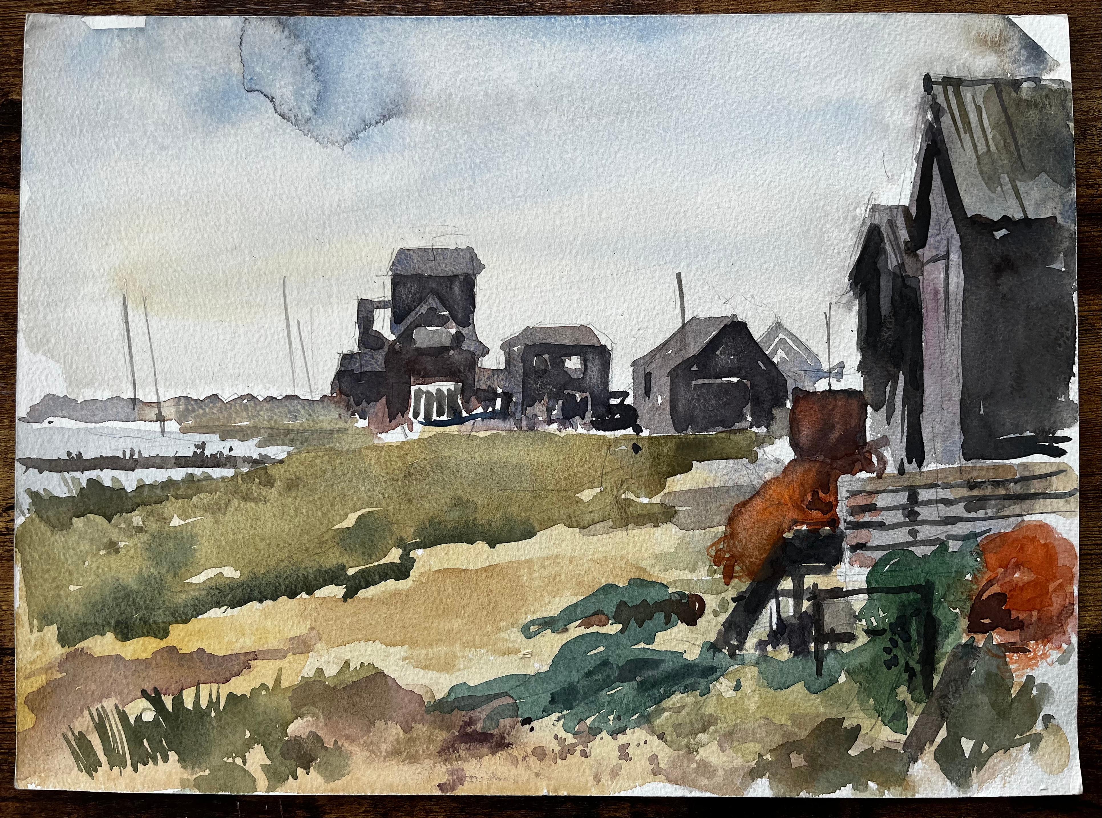 Walberswick Schwarze Schuppen und Fischernetze Suffolk Coast Landscape 1996 – Painting von Anthony Herbert