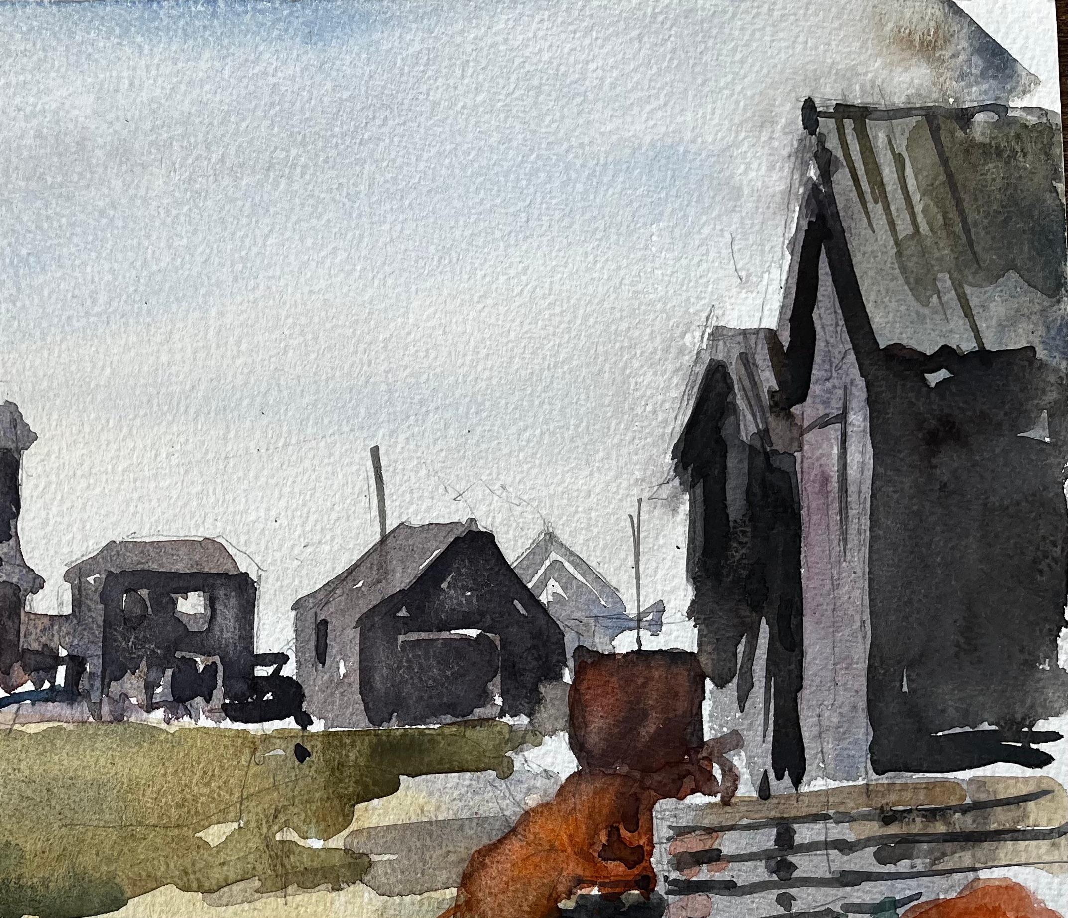 Titel: Walberswick Schwarze Schuppen und Fischernetze Suffolk Coast Landscape 1996
Von Tony Herbert (1927-2024)
Verso mit Bleistift beschriftet 