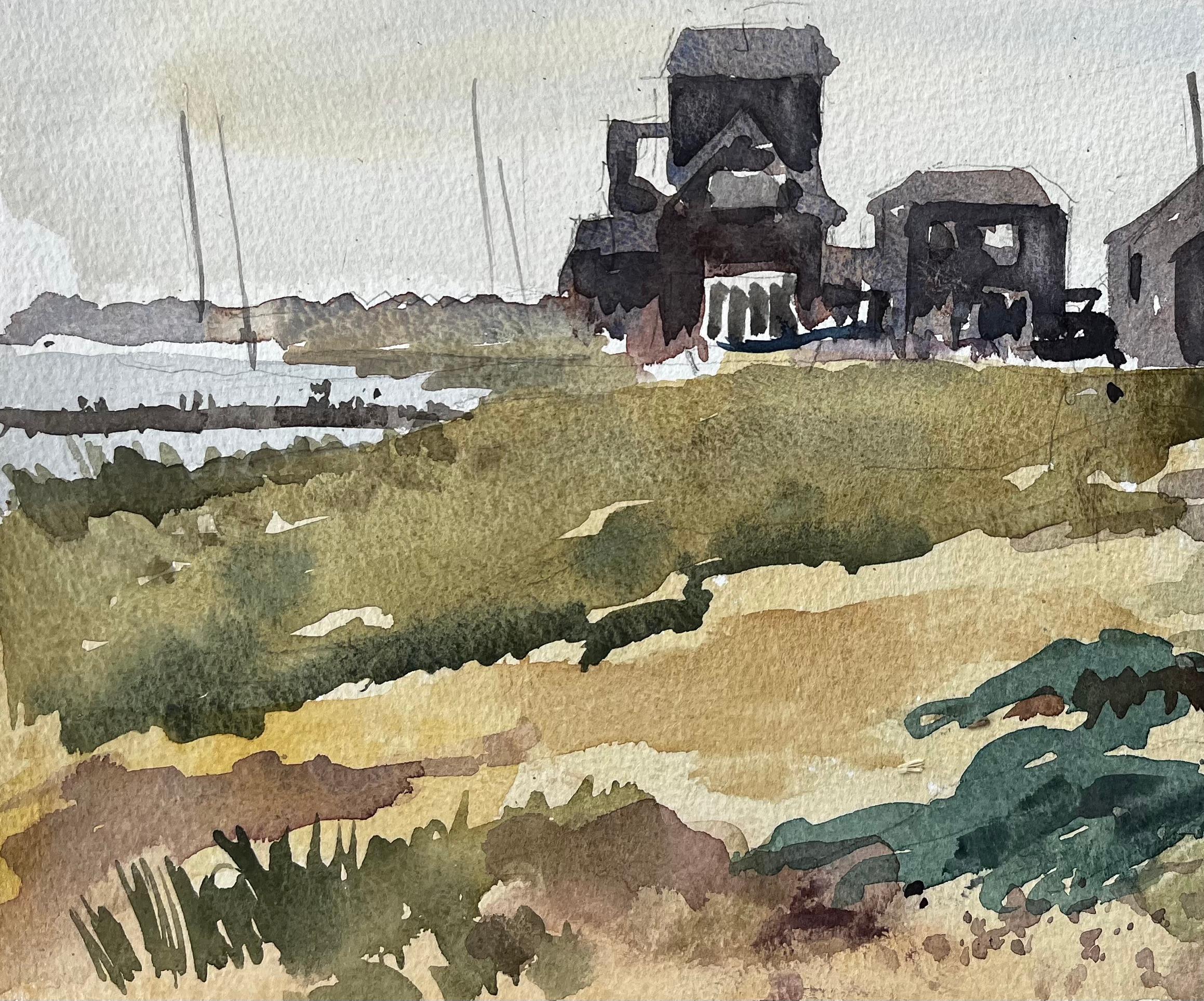 Walberswick Schwarze Schuppen und Fischernetze Suffolk Coast Landscape 1996 im Angebot 1