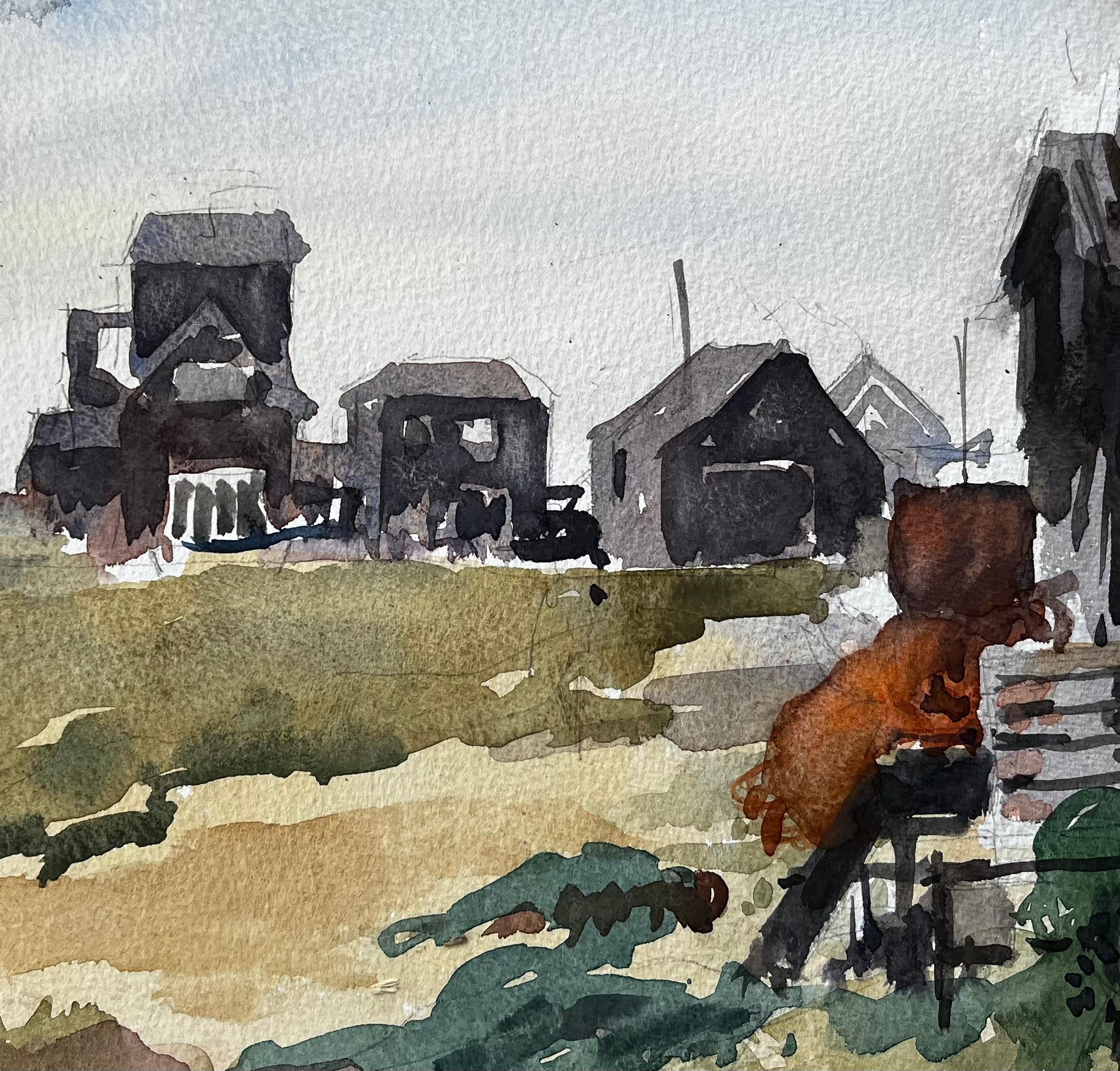 Walberswick Schwarze Schuppen und Fischernetze Suffolk Coast Landscape 1996 im Angebot 3