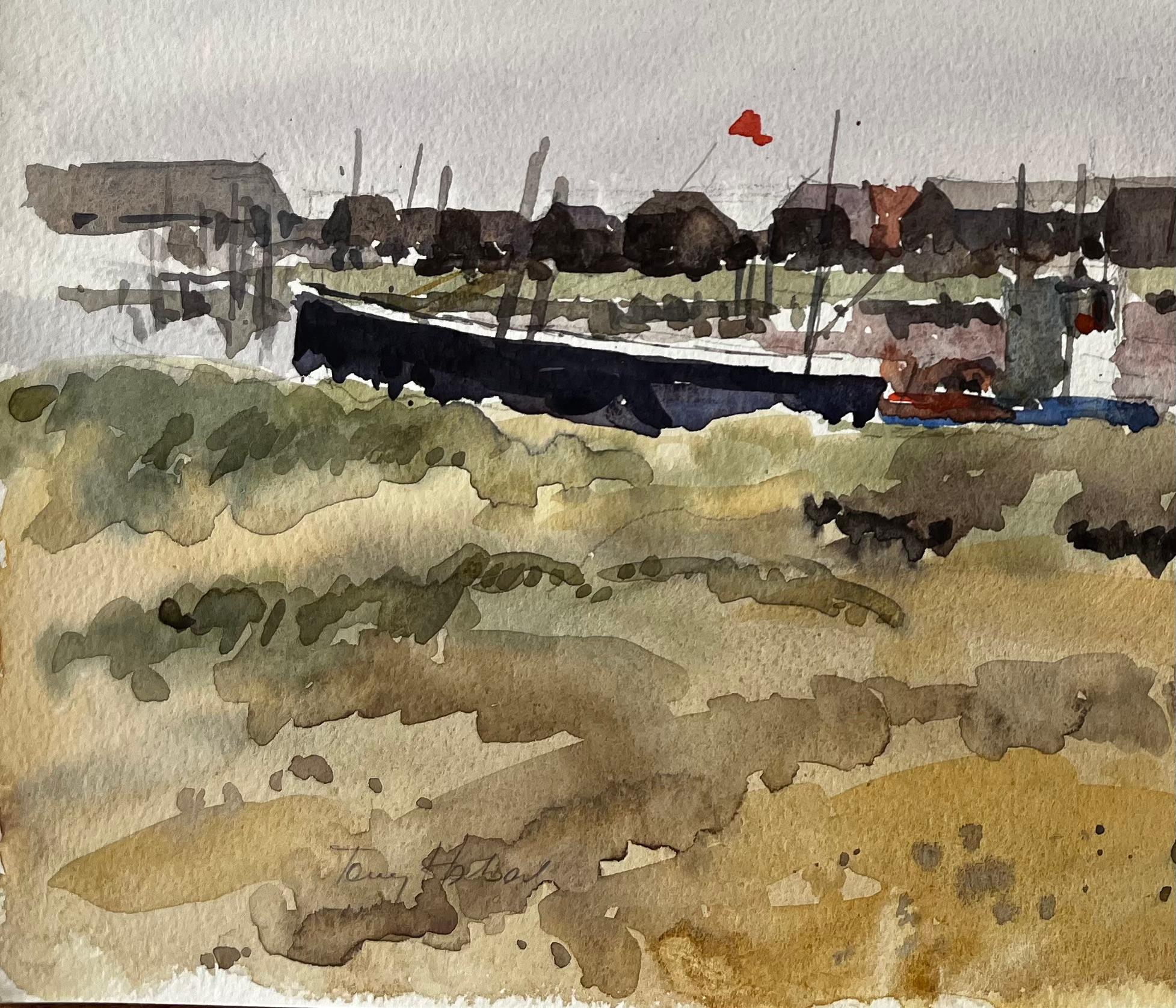 Walberswick Boote und Fischerhütten am Flussufer mit Gräsern und roter Flagge (Impressionismus), Painting, von Anthony Herbert