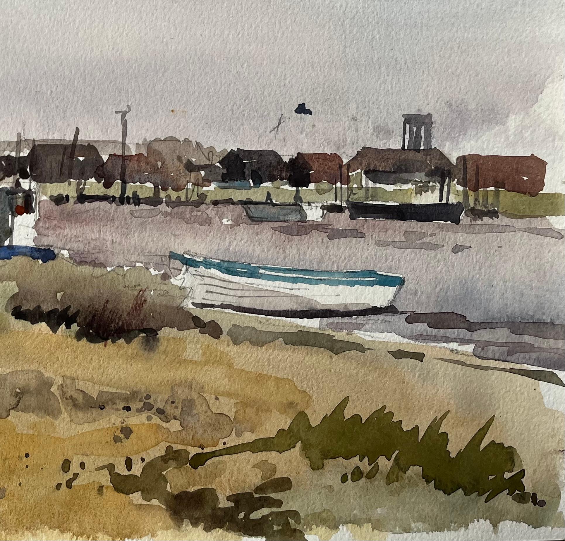 Titel: Walberswicker Boote und Fischerhütten am Flussufer mit Gräsern und roter Flagge
Von Tony Herbert (1927-2024)
Signiert: Unten links
Medium: Aquarell auf Künstlerpapier
Größe: 11 x 15 Zoll 
Zustand: Insgesamt gut; leichte Randabnutzung an den