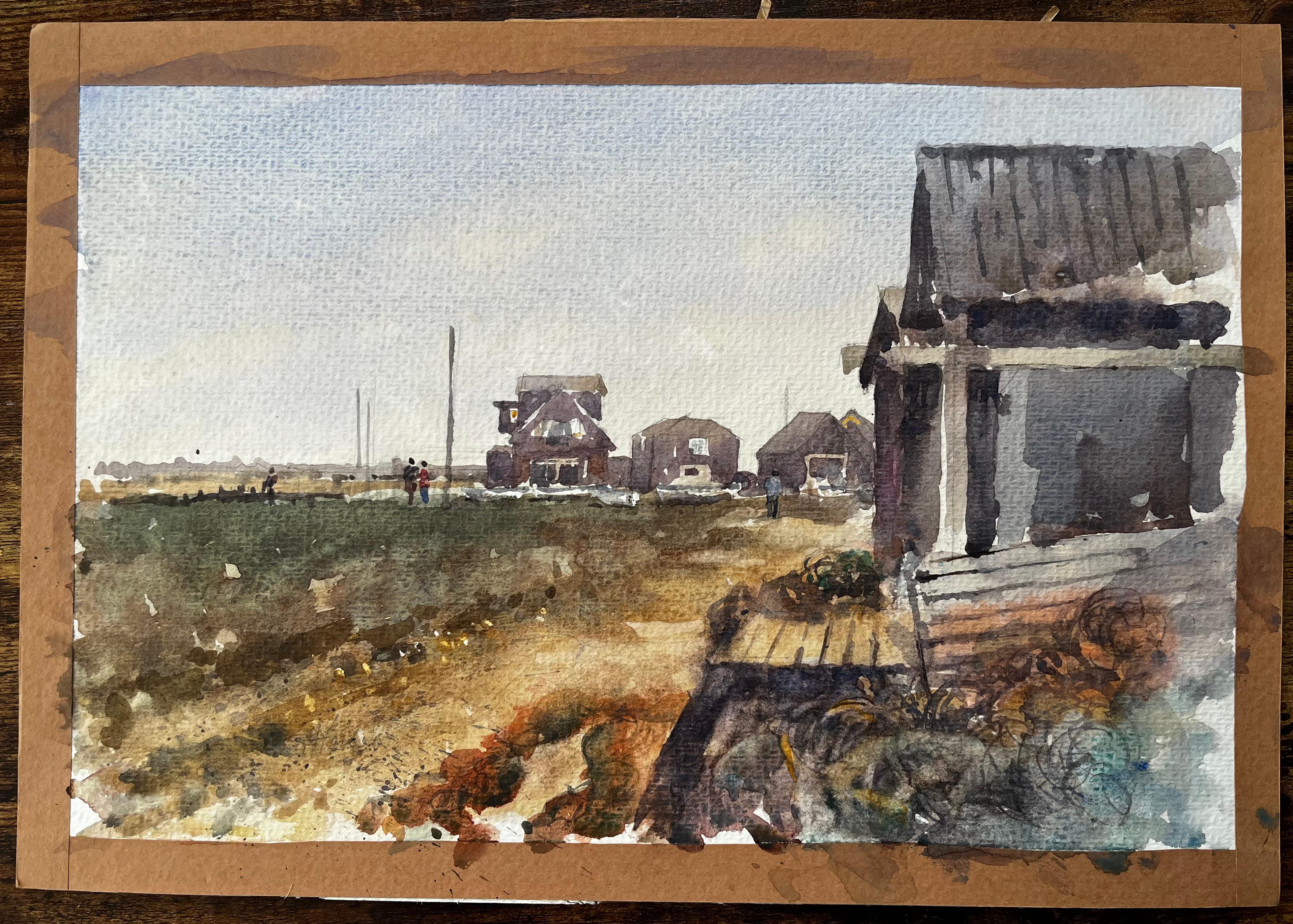 Walberswick Coastal Cottages mit Figuren und Fischerhäuschen Aquarellszene – Art von Anthony Herbert