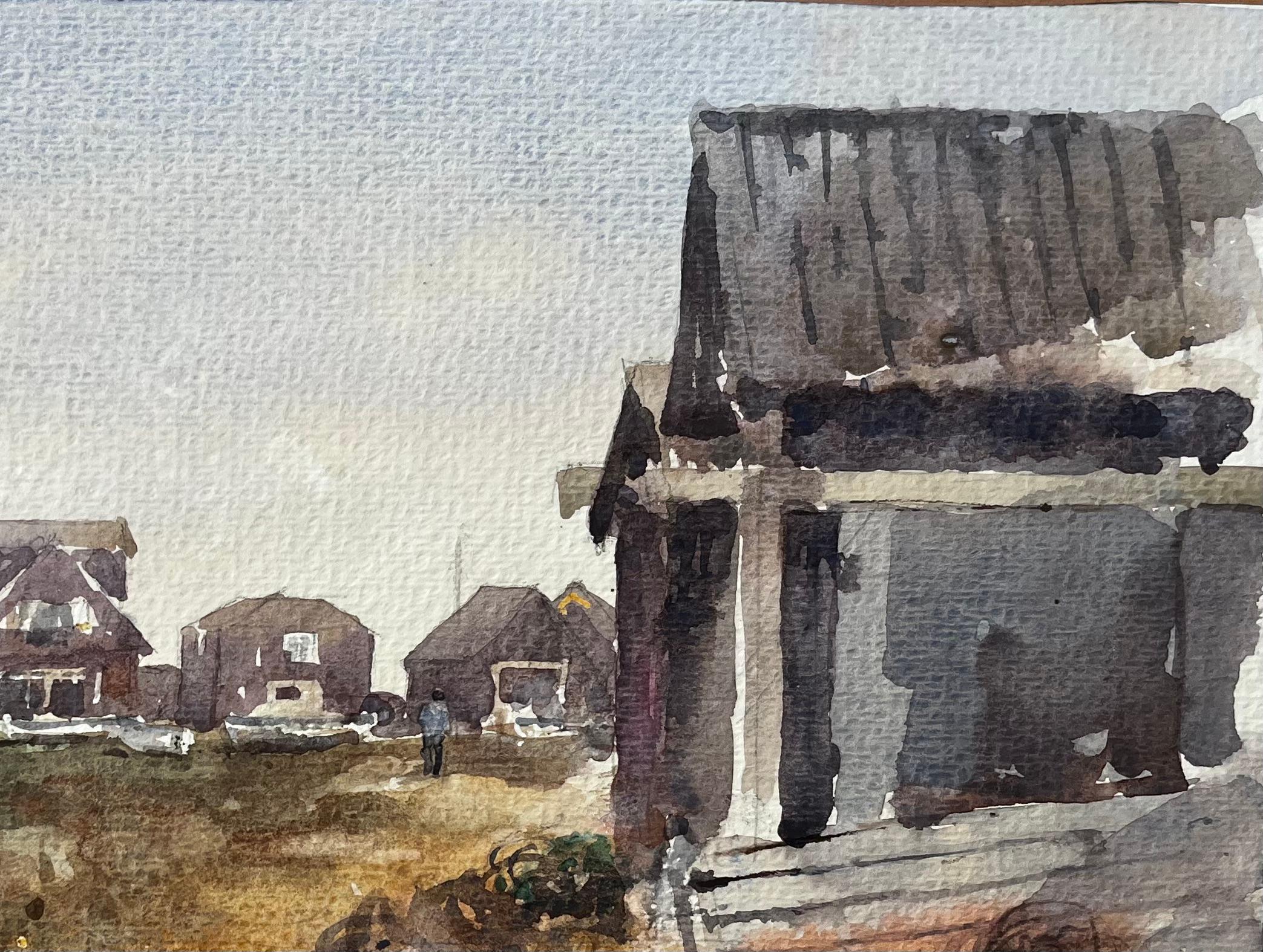 Walberswick Coastal Cottages mit Figuren und Fischerhäuschen Aquarellszene (Grau), Landscape Art, von Anthony Herbert