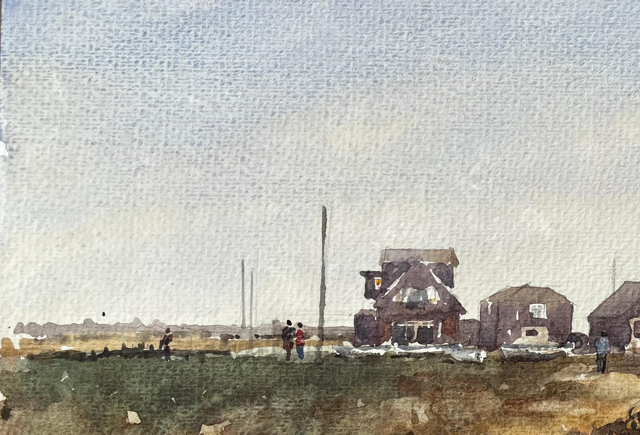 Walberswick Coastal Cottages mit Figuren und Fischerhäuschen Aquarellszene im Angebot 1