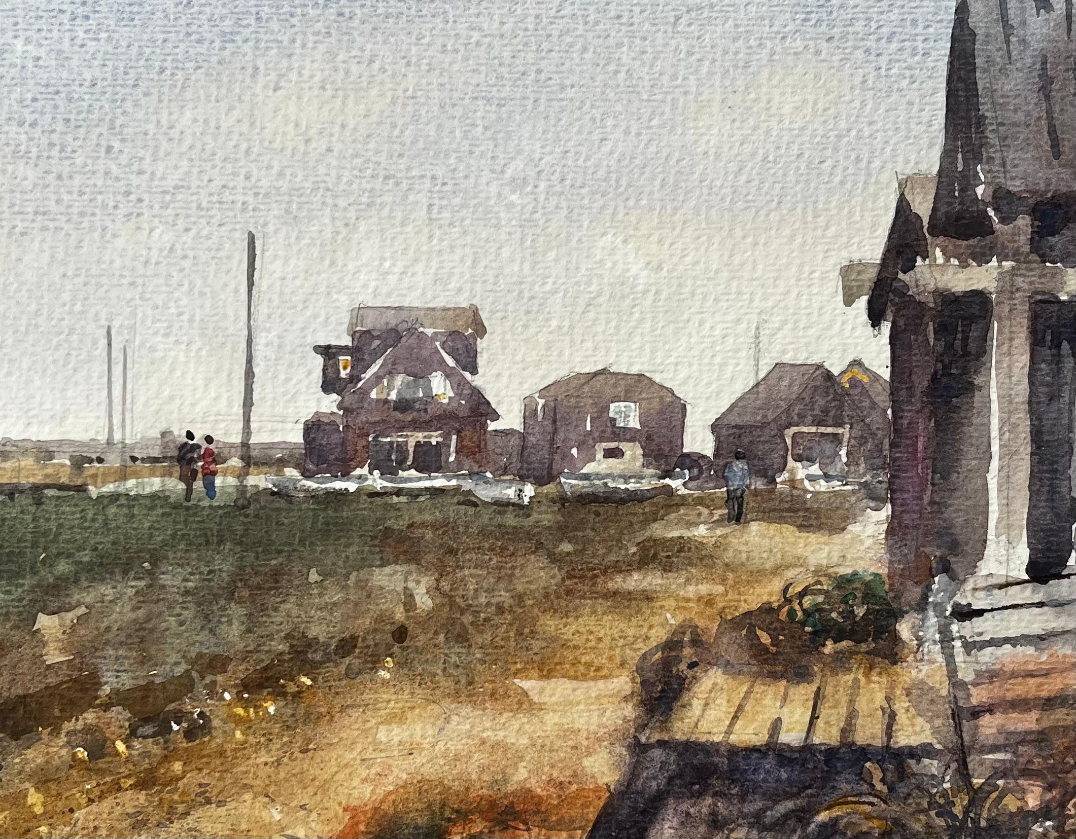 Walberswick Coastal Cottages mit Figuren und Fischerhäuschen Aquarellszene im Angebot 2