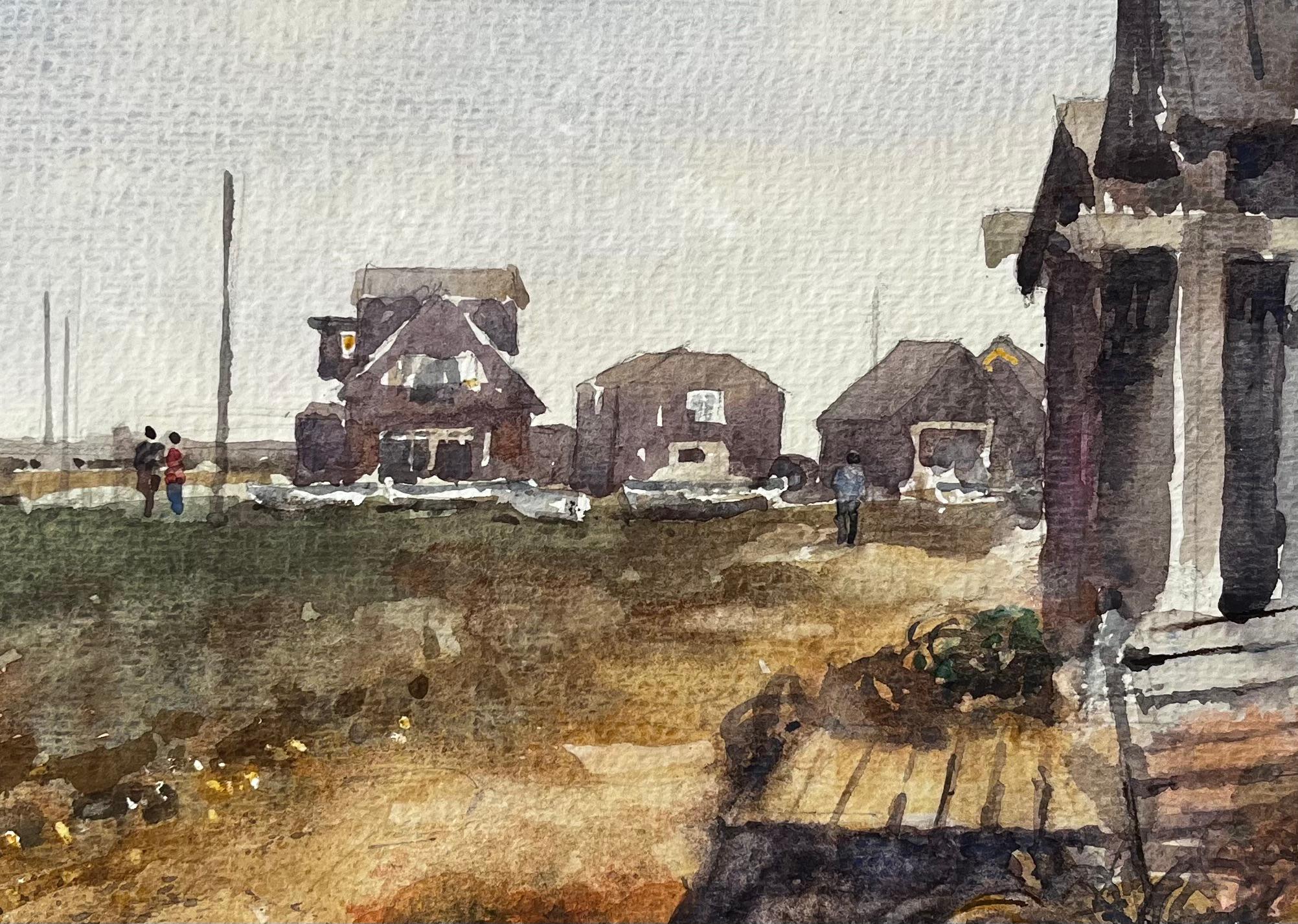 Walberswick Coastal Cottages mit Figuren und Fischerhäuschen Aquarellszene im Angebot 3