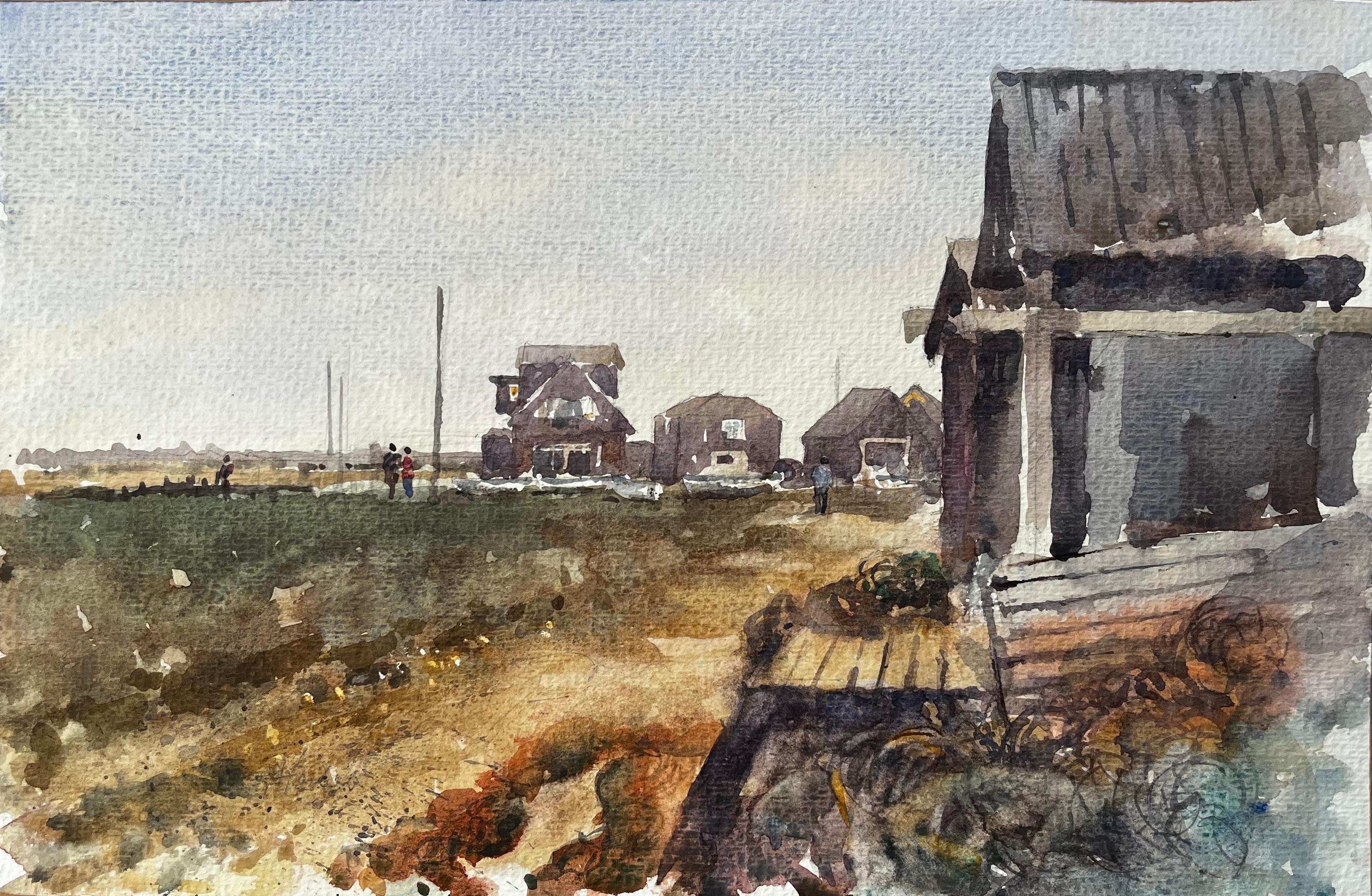 Scène aquarelle : chalets côtiers de Walberswick avec personnages et abri de pêche