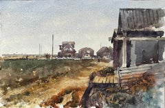 Scène aquarelle : chalets côtiers de Walberswick avec personnages et abri de pêche