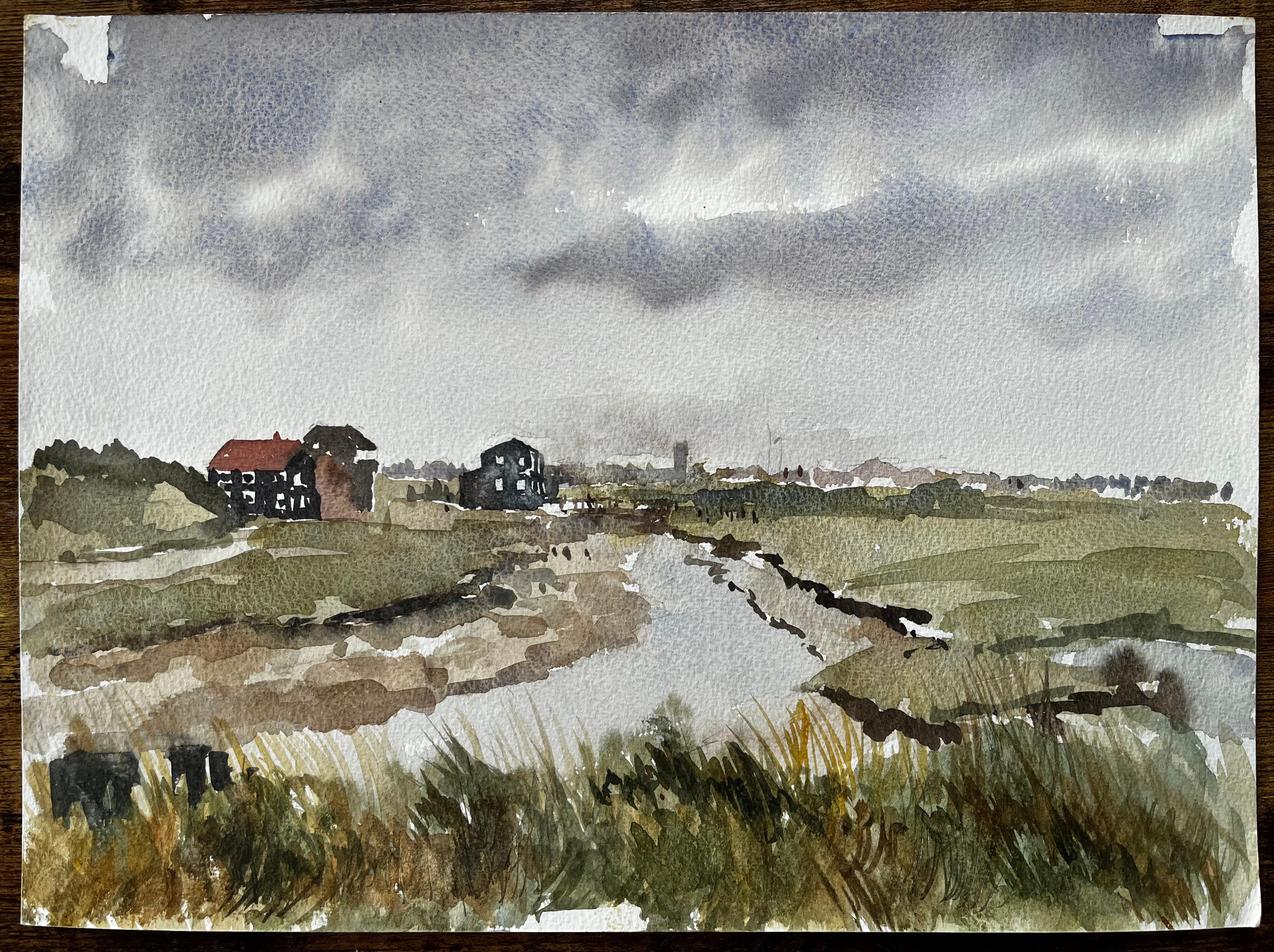 Walberswick Marshes and Black Sheds Suffolk Landscape Watercolor 1995 - Painting by Anthony Herbert
