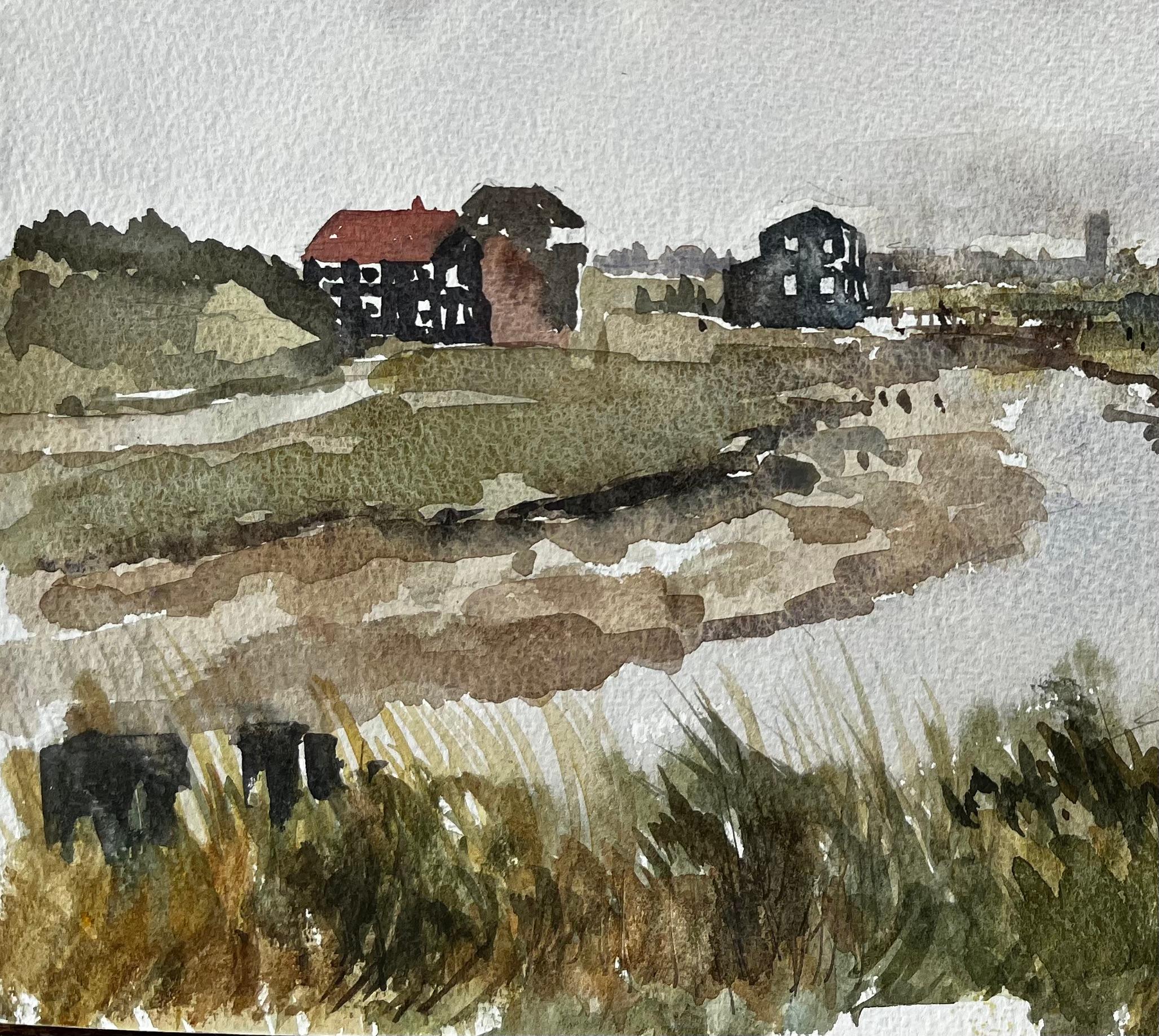 Walberswick Marshes and Black Sheds Suffolk Landscape Watercolor 1995 - Impressionist Painting by Anthony Herbert