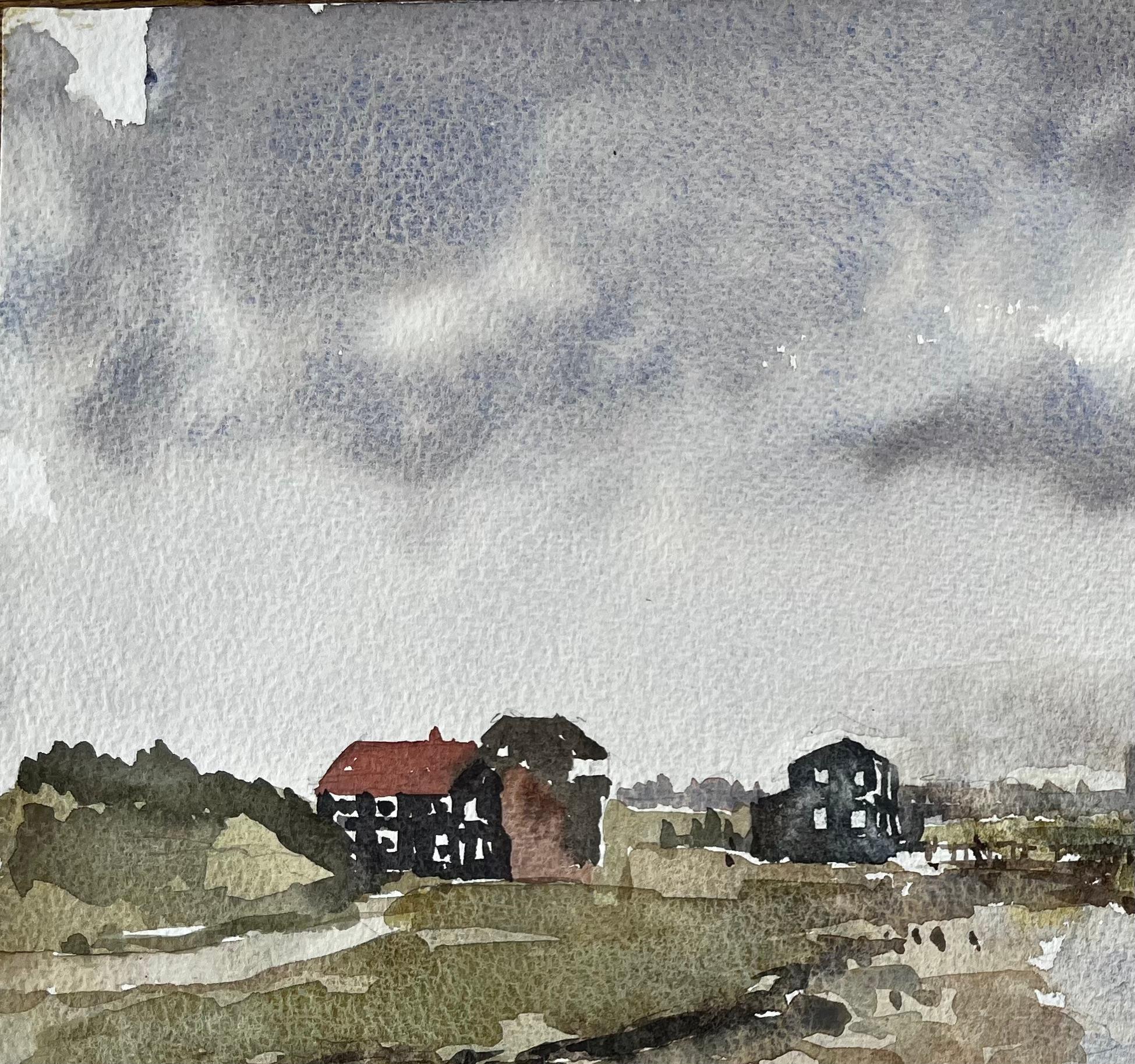 Title: Walberswick Marshes and Black Sheds Suffolk Landscape Watercolor 1995
By Tony Herbert (1927-2024)
Inscribed verso in pencil “Walberswick Sept 95”
Medium: Watercolor on artists paper
Size: 11 x 15 inches 
Condition: Good overall; minor corner