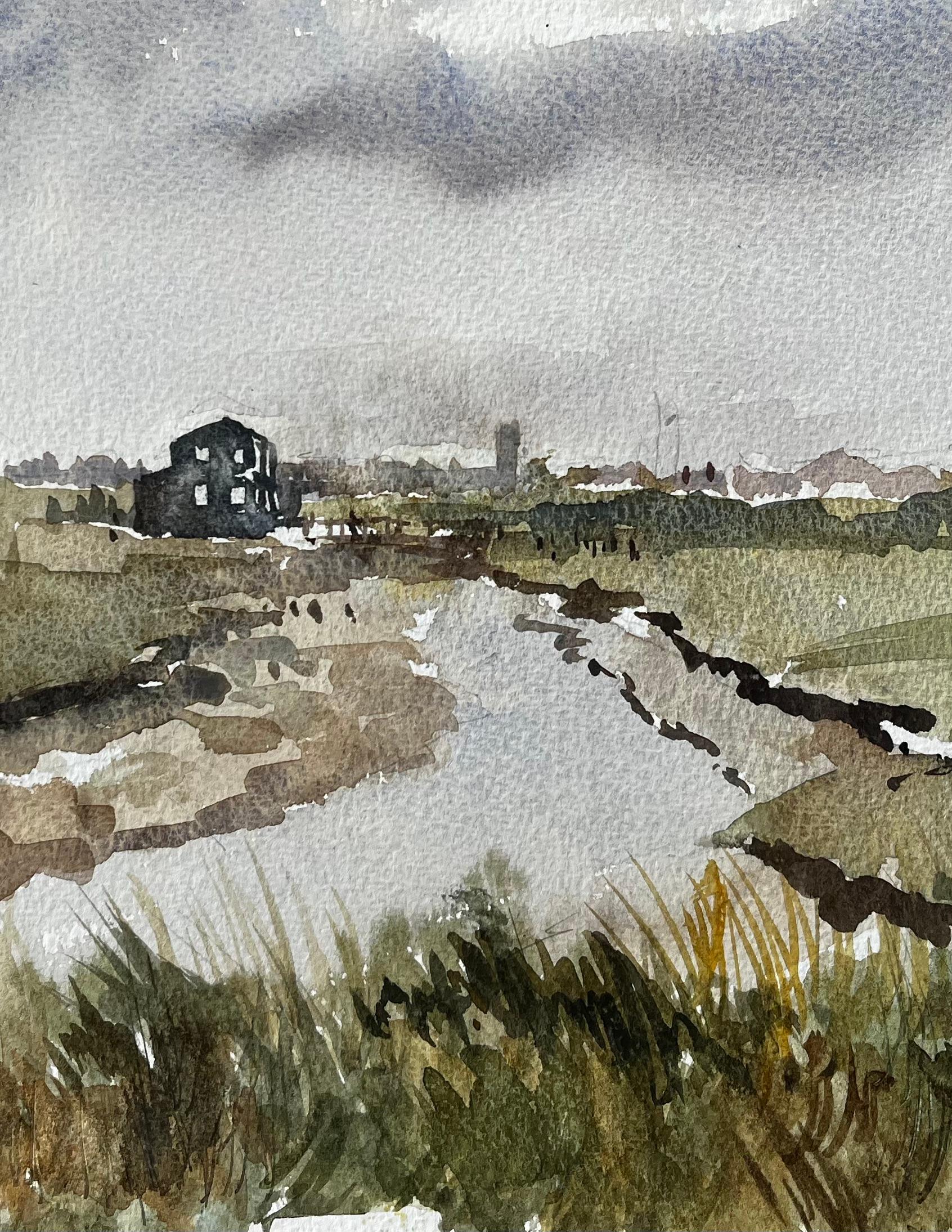 Walberswick Marshes and Black Sheds Suffolk Landscape Watercolor 1995 For Sale 1