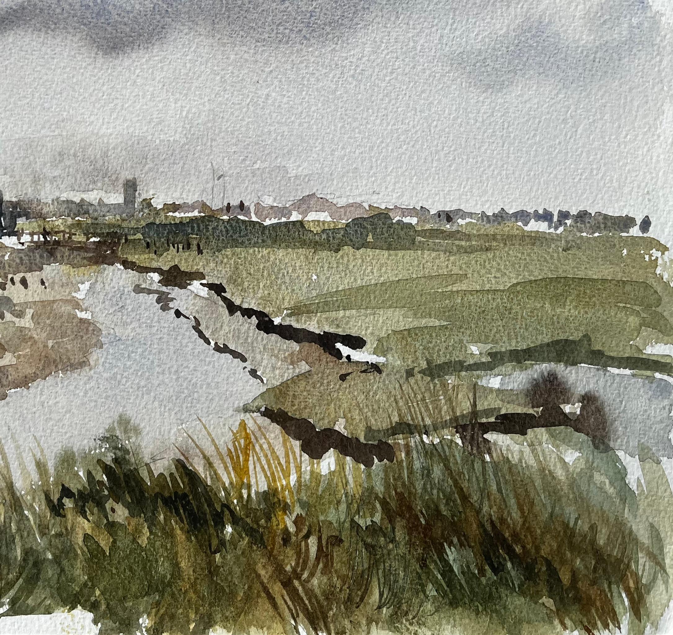 Walberswick Marshes and Black Sheds Suffolk Landscape Watercolor 1995 For Sale 2