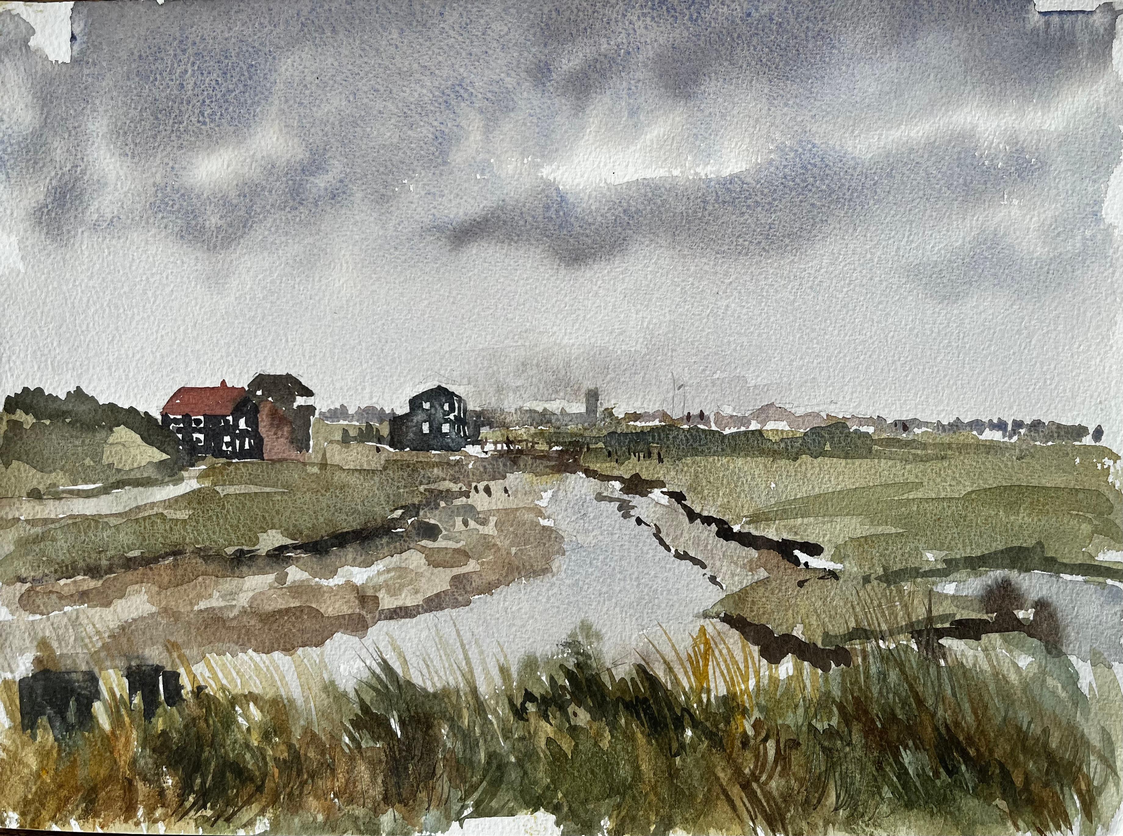 Anthony Herbert Figurative Painting - Walberswick Marshes and Black Sheds Suffolk Landscape Watercolor 1995
