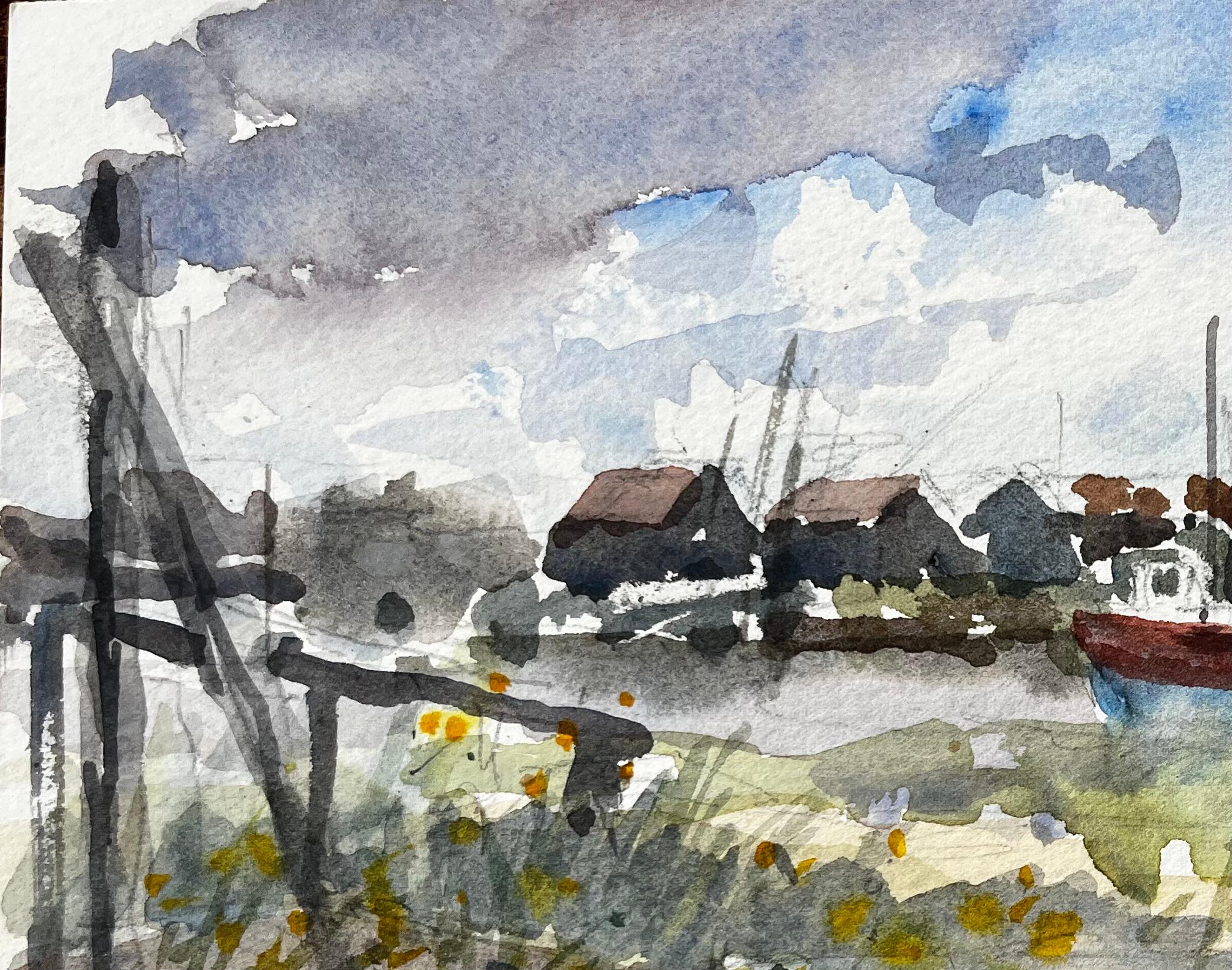 Walberswick Flussufer mit vertäutem roten und blauen Boot Suffolk Coastal Aquarell (Impressionismus), Painting, von Anthony Herbert