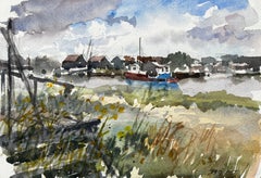 Walberswick Riverbank with Moored Red and Blue Boat Suffolk Coastal Watercolor