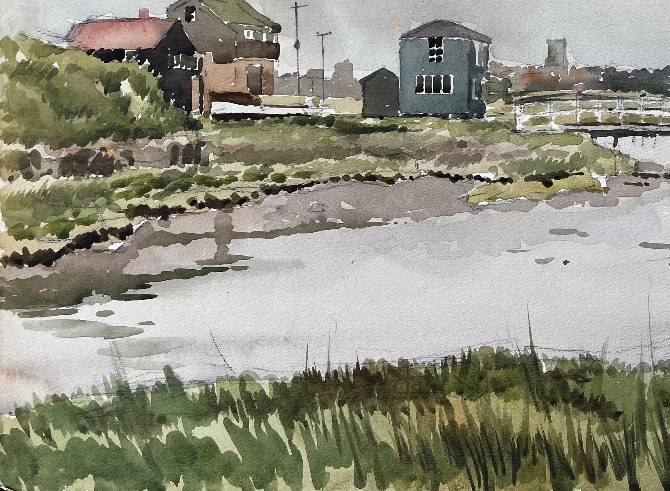 Walberswick Suffolk Coastal River Scene with Bridge and Village Aquarelle 1981 - Gris Landscape Painting par Anthony Herbert