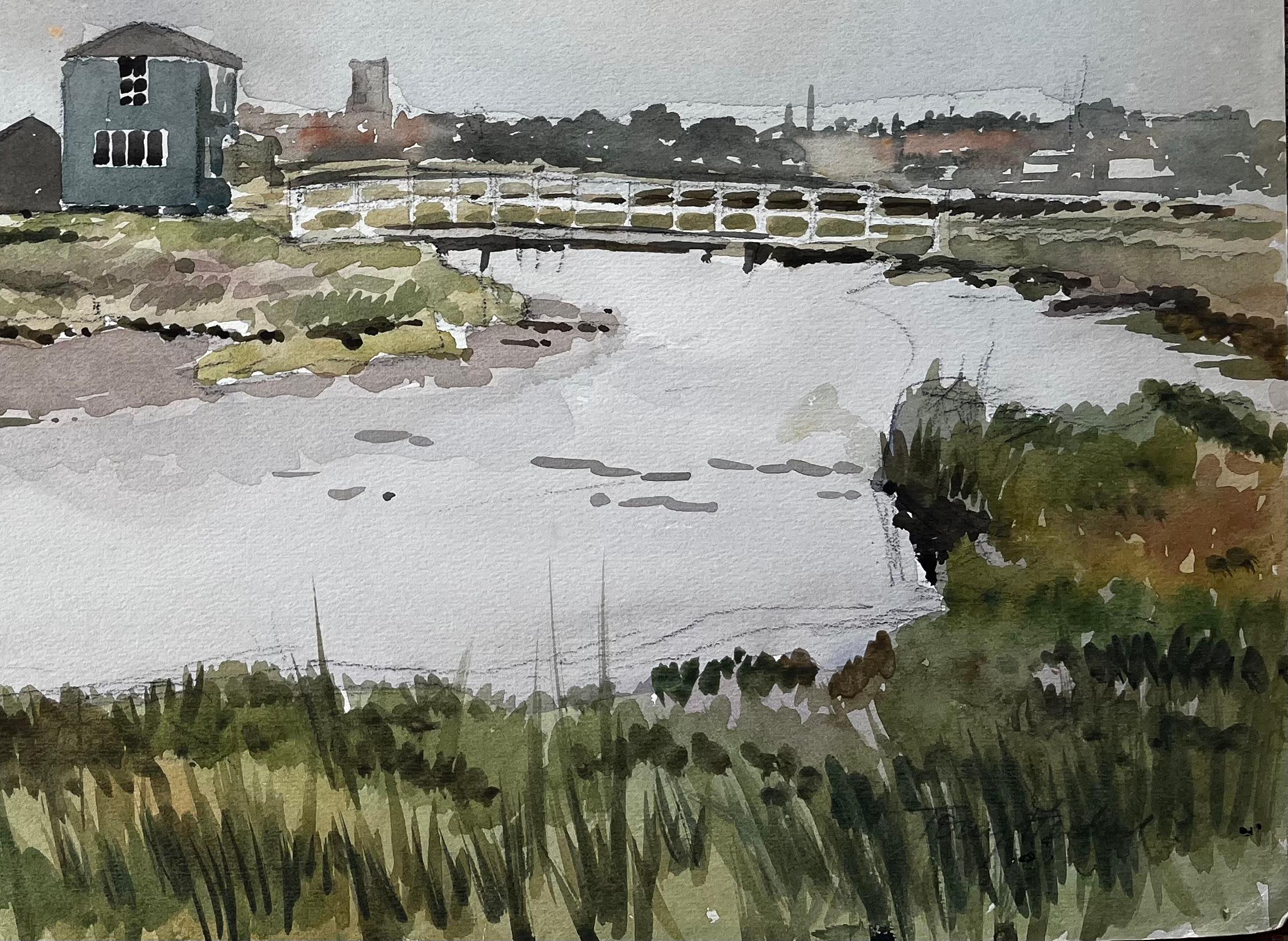 Titre : Walberswick Suffolk Coastal River Scene with Bridge and Village (Scène de rivière côtière avec pont et village) Aquarelle 1981
Par Tony Herbert (1927-2024)
Moyen d'expression : Aquarelle sur carton
Signé : Au crayon en bas à droite
Taille :