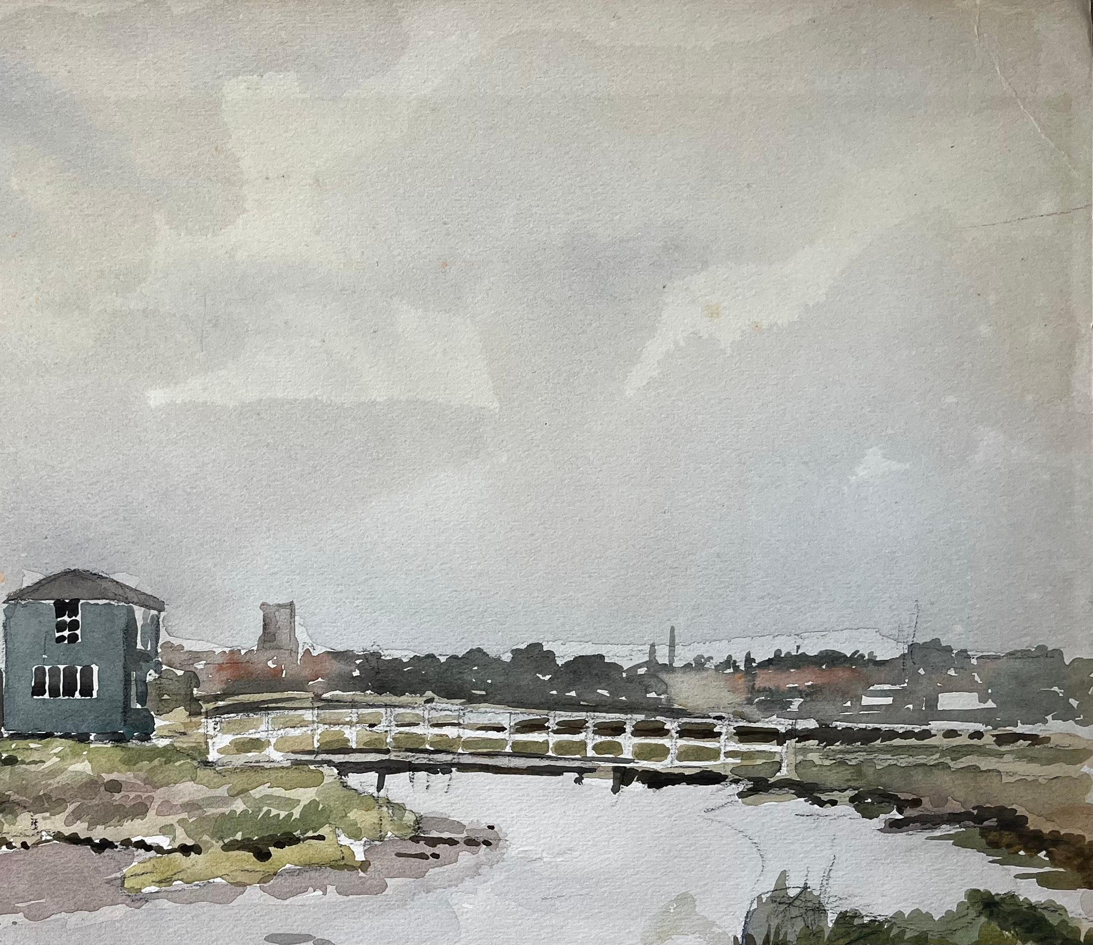 Walberswick Suffolk Coastal River Scene with Bridge and Village Aquarelle 1981 en vente 1