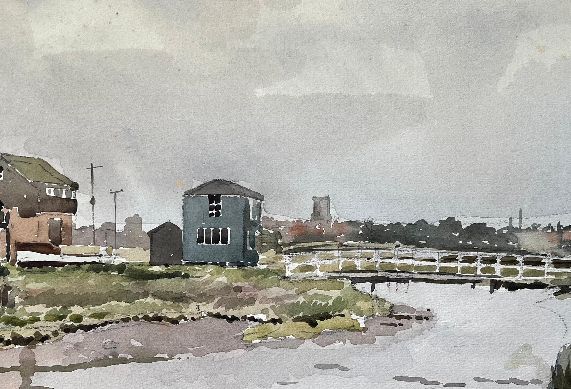 Walberswick Suffolk Coastal River Scene with Bridge and Village Aquarelle 1981 en vente 2