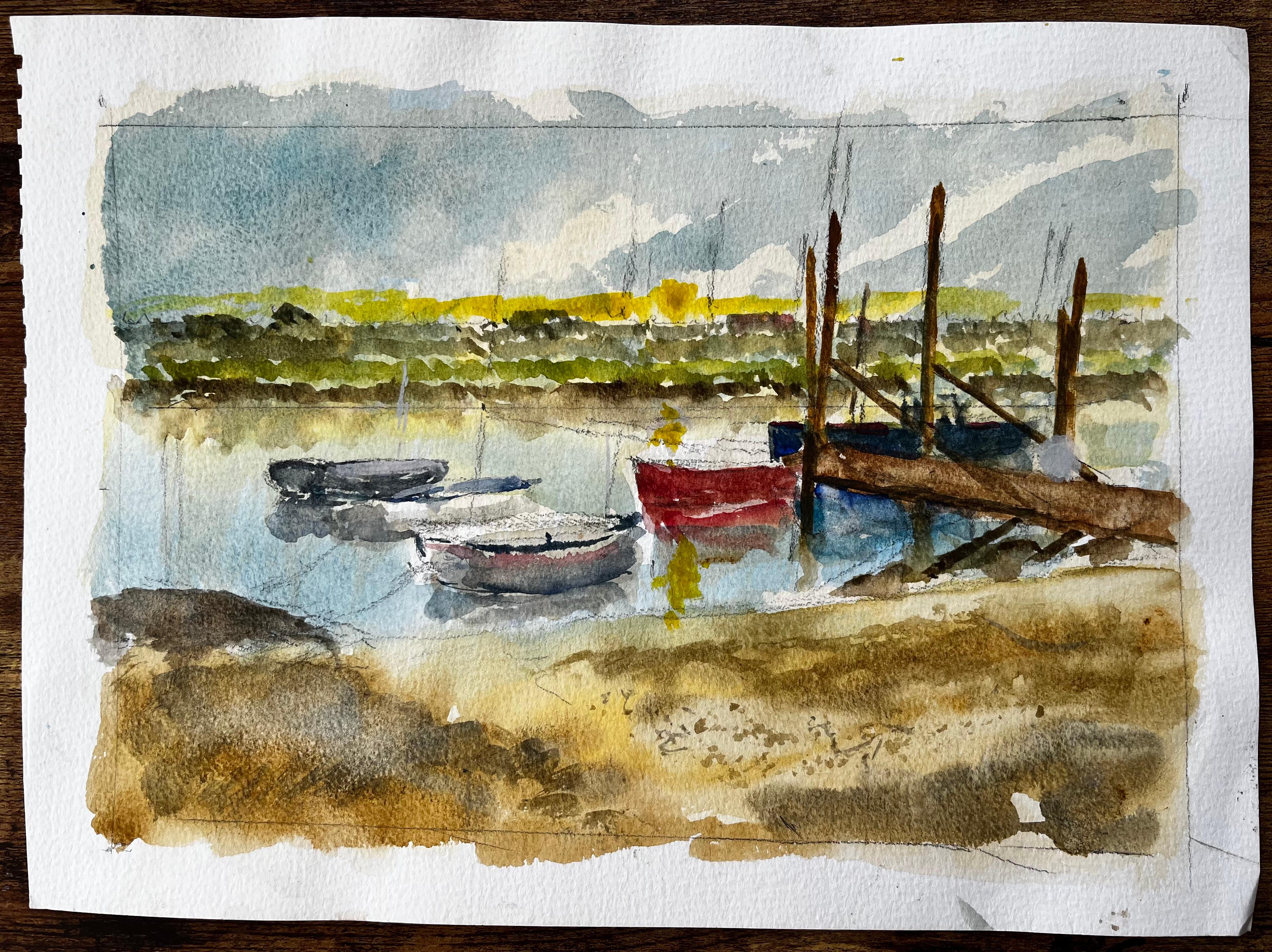Walberswick Tidal Creek with Moored Dinghies Suffolk Watercolor by Tony Herbert - Painting by Anthony Herbert